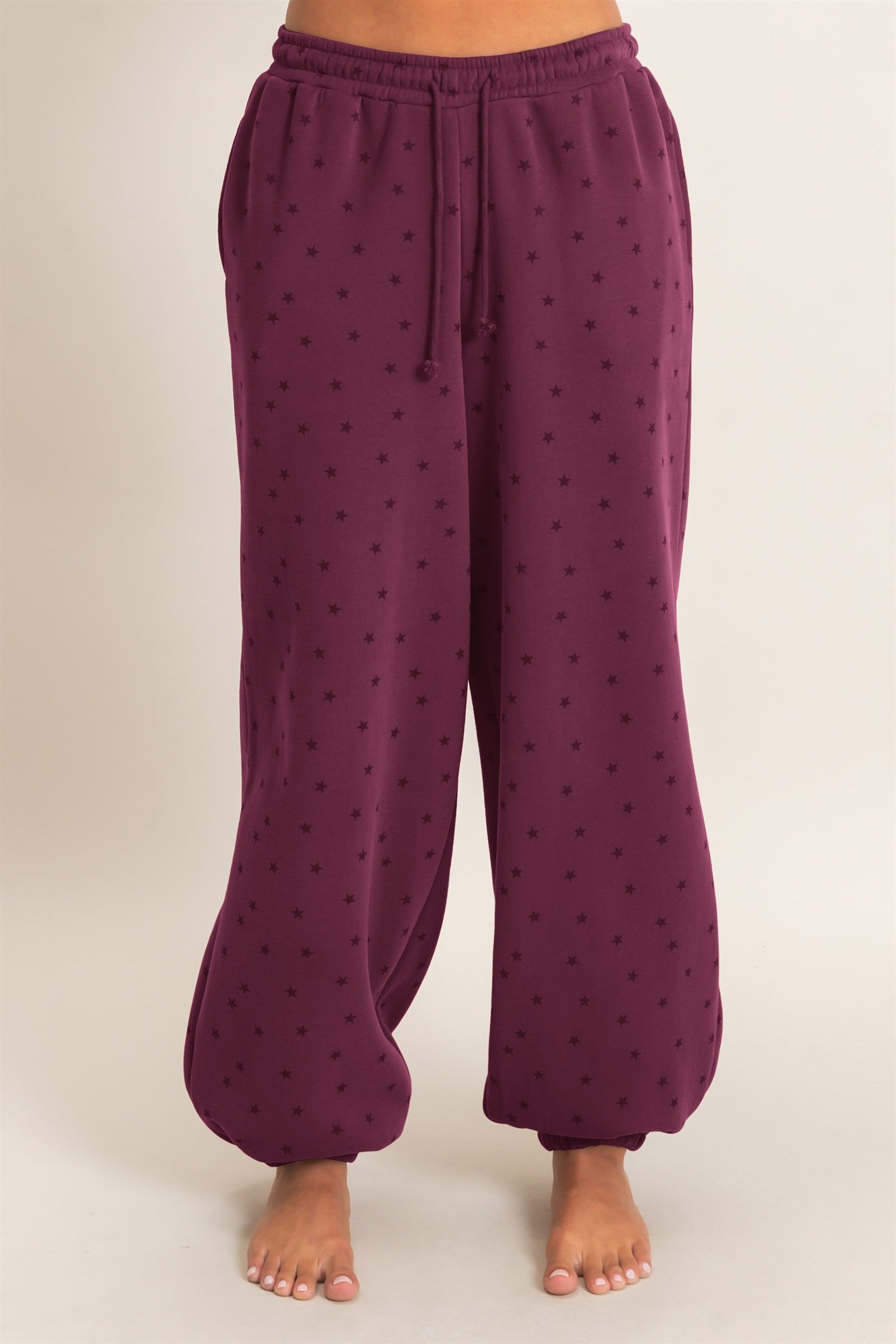 Wholesale Star Print Elastic Waist Jogger Pants Joggers DZ26E287 DARK CHERRY DOUBLE ZERO