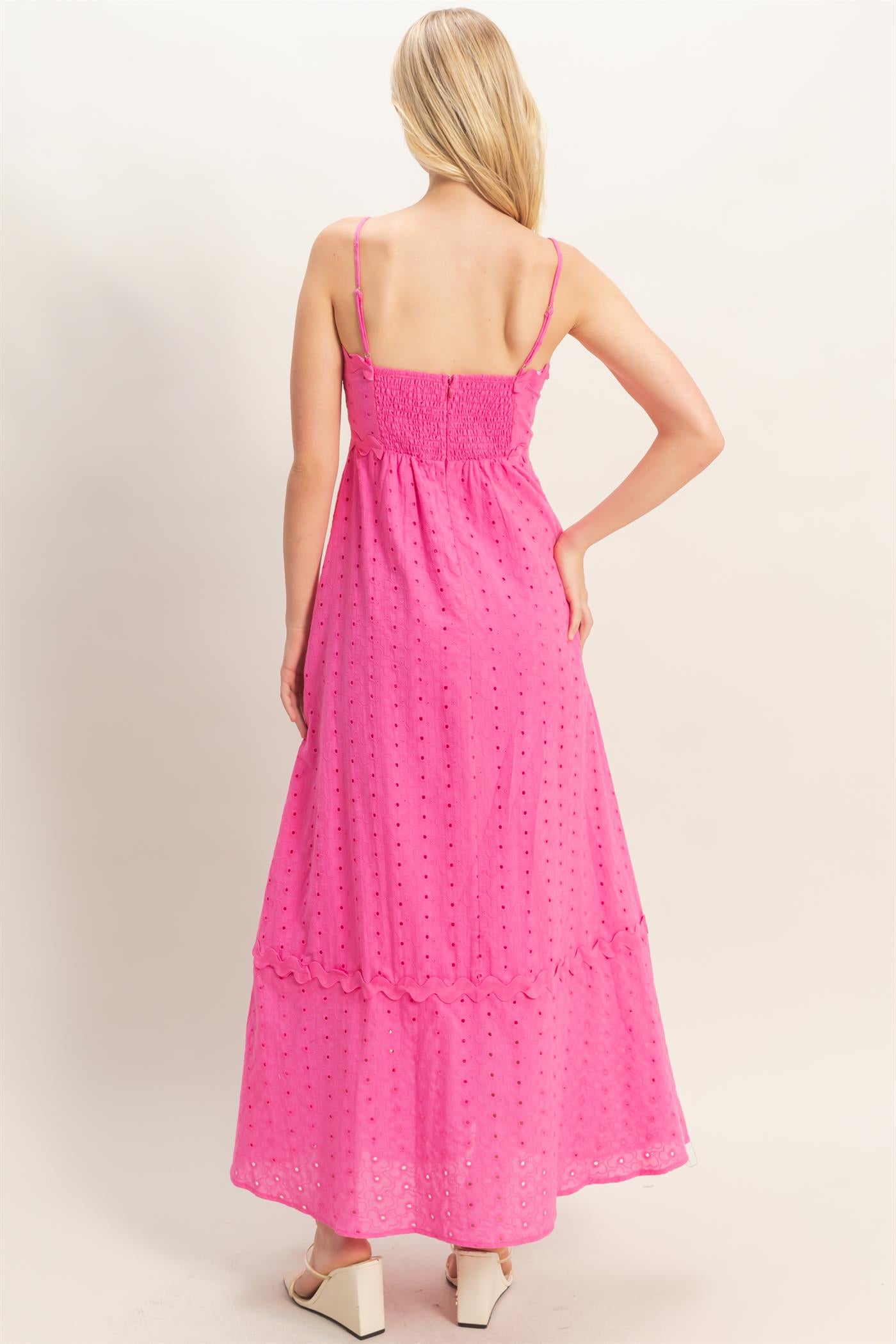 Wholesale Scallop Trim Eyelet Midi Dress Dresses HF26A694 MAGENTA HYFVE
