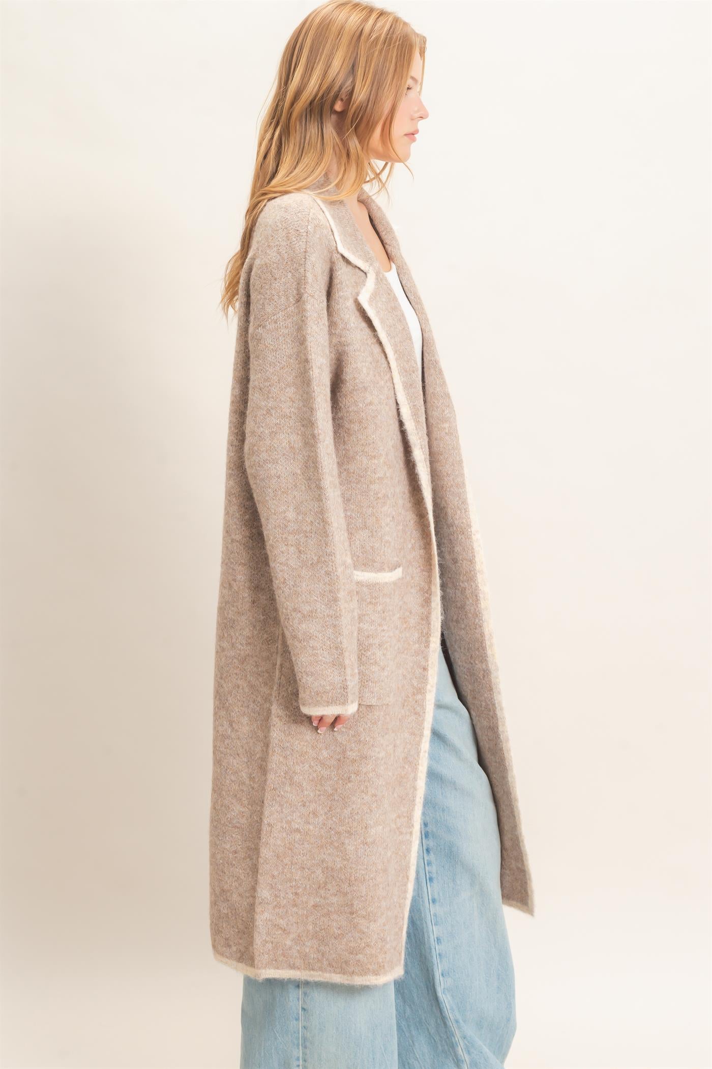 Wholesale Notched Collar Coatigan Sweater Cardigans HF26E695 BEIGE HYFVE
