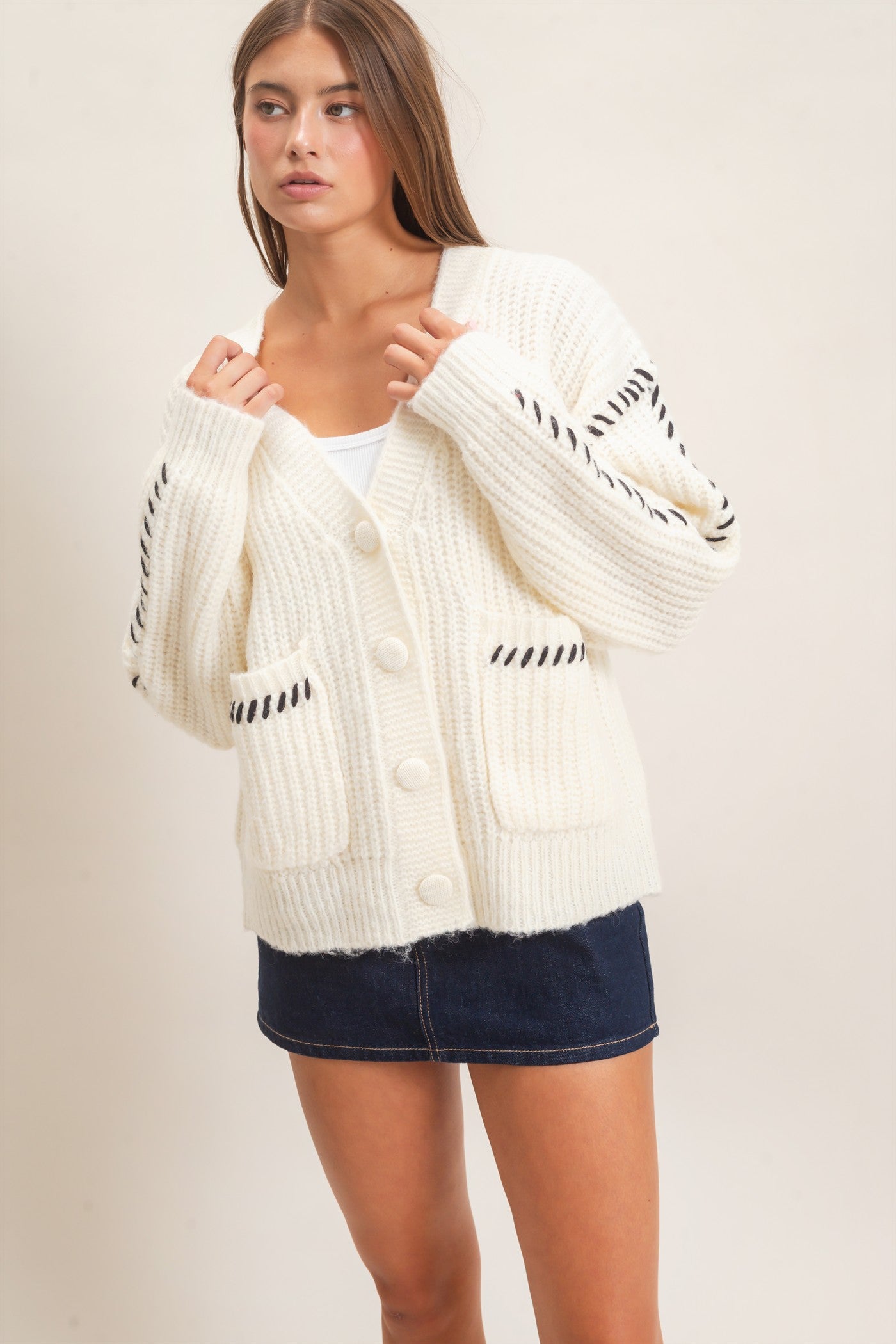 Wholesale Blanket Stitch Oversized Sweater Cardigan Cardigans DZ26E296 CREAM DOUBLE ZERO