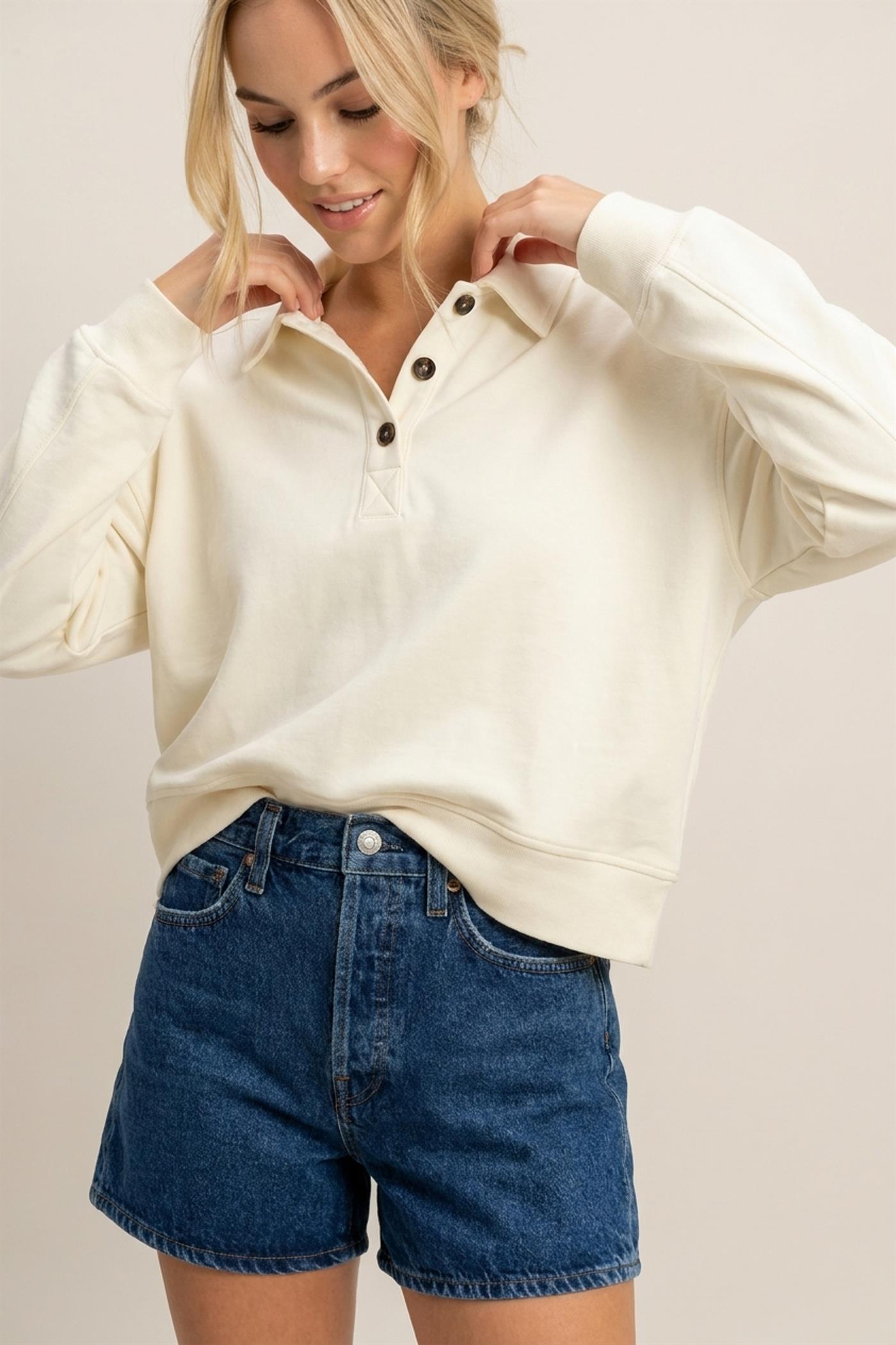 Wholesale Washed Button-Front Collared Sweatshirt Sweatshirts DZ26E390 CREAM DOUBLE ZERO