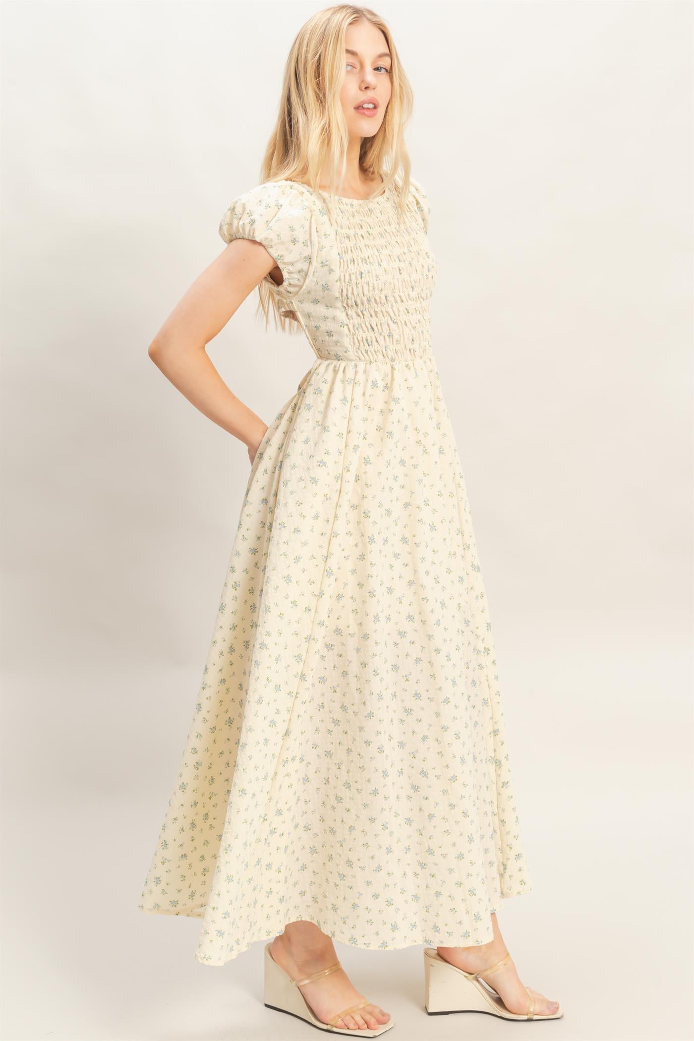 Wholesale Smocked Floral Maxi Dress Dresses HF26C262 BLUE HYFVE