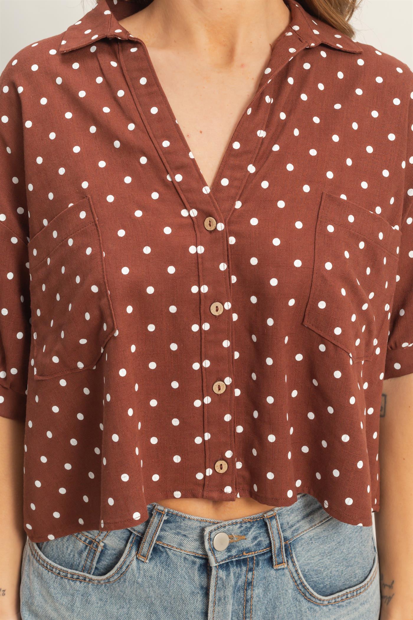 Wholesale Polka Dot Button-Up Shirt Shirts HF26E417-D CHESTNUT HYFVE