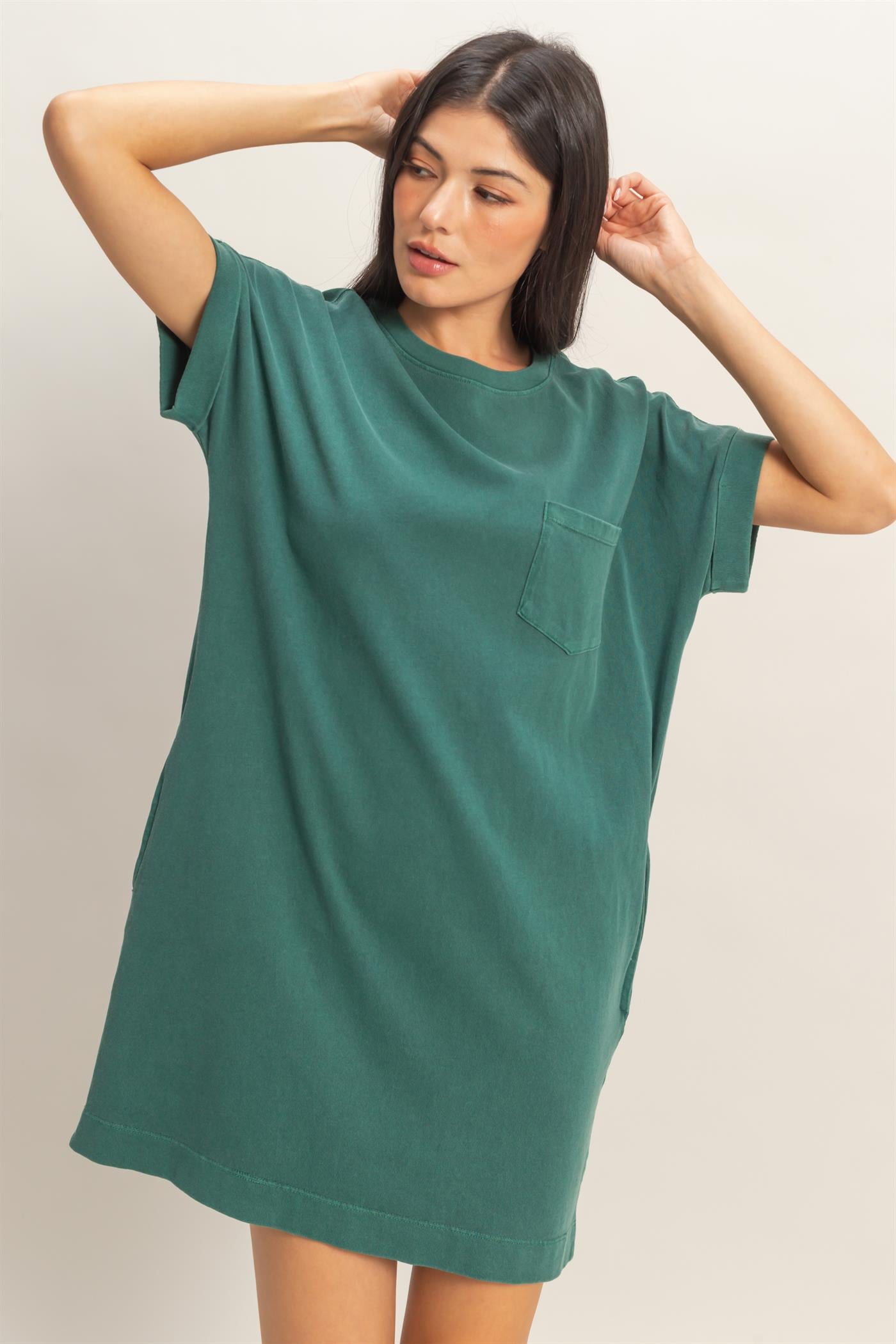 Wholesale Round Neck T-Shirt Mini Dress Dresses DZ26A029 DARK TEAL DOUBLE ZERO