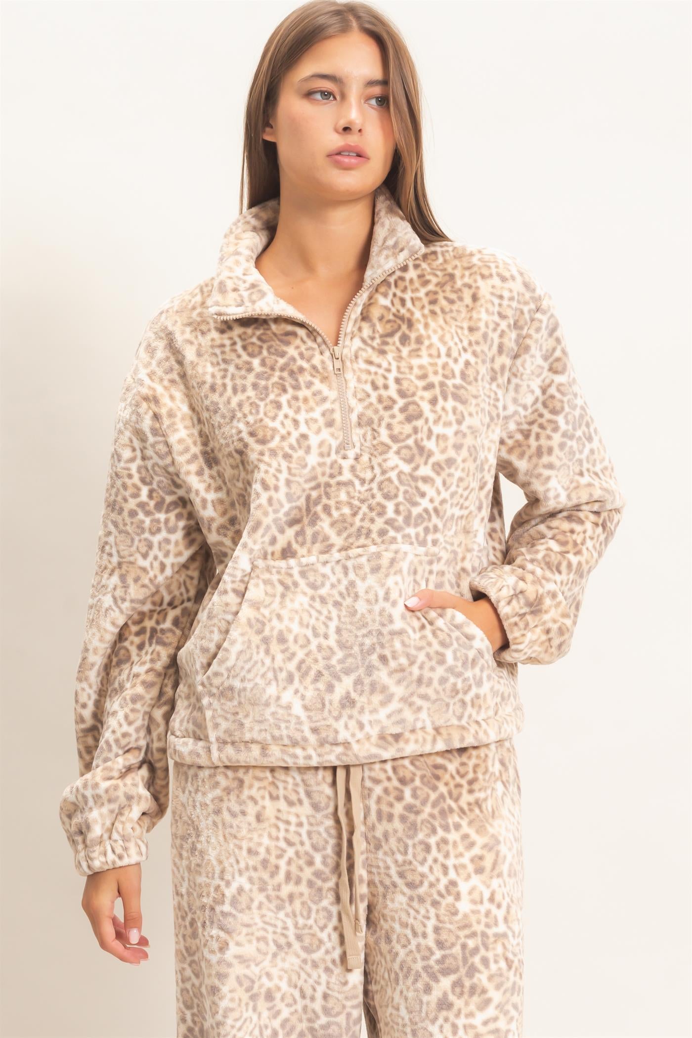 Wholesale Leopard Print Fleece Half Zip Pullover Sweaters DZ26E830 BEIGE DOUBLE ZERO