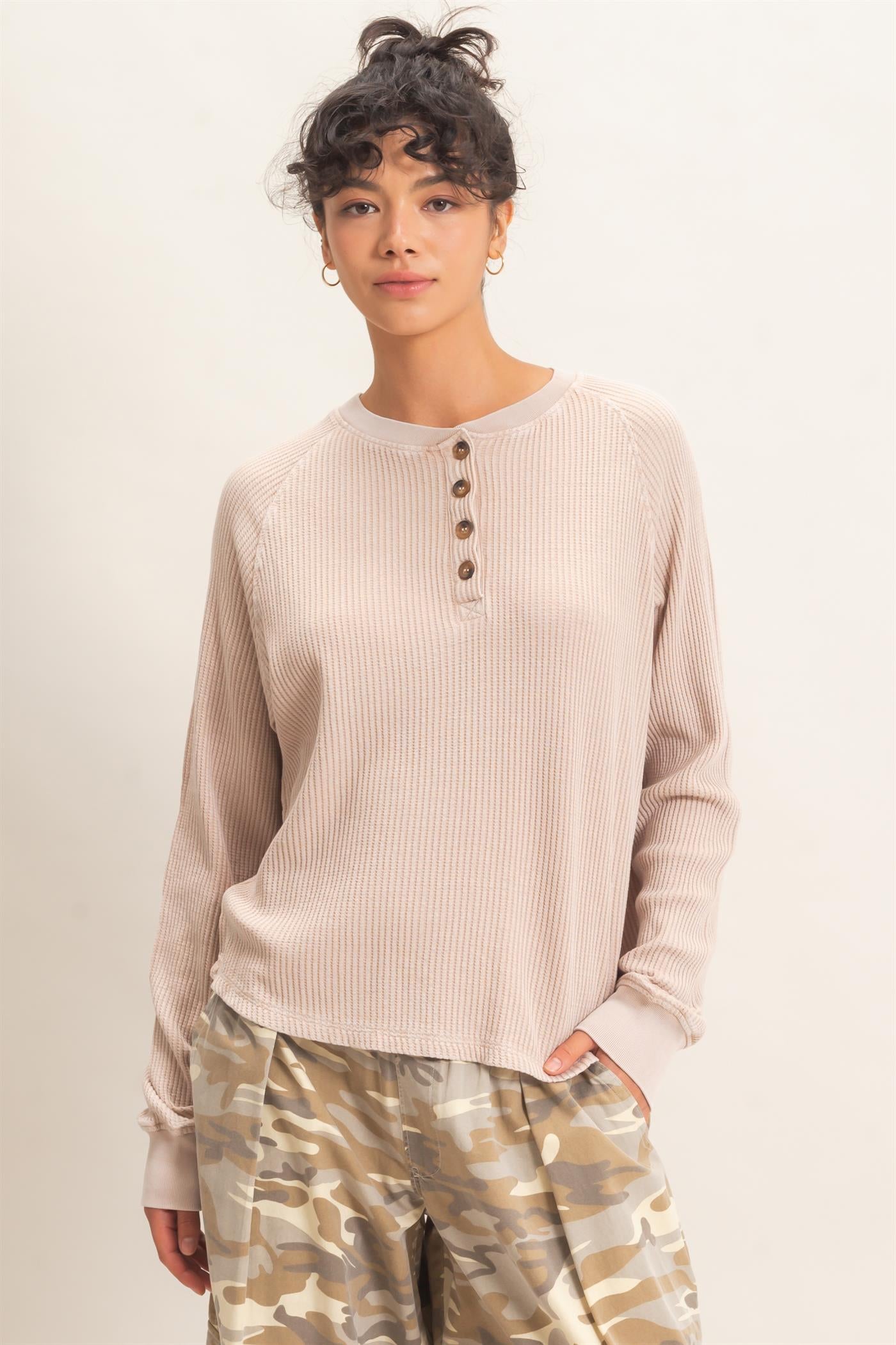 Wholesale Mineral Wash Waffle Knit Henley Top Sweatshirts DZ26E947 DARK TAUPE DOUBLE ZERO