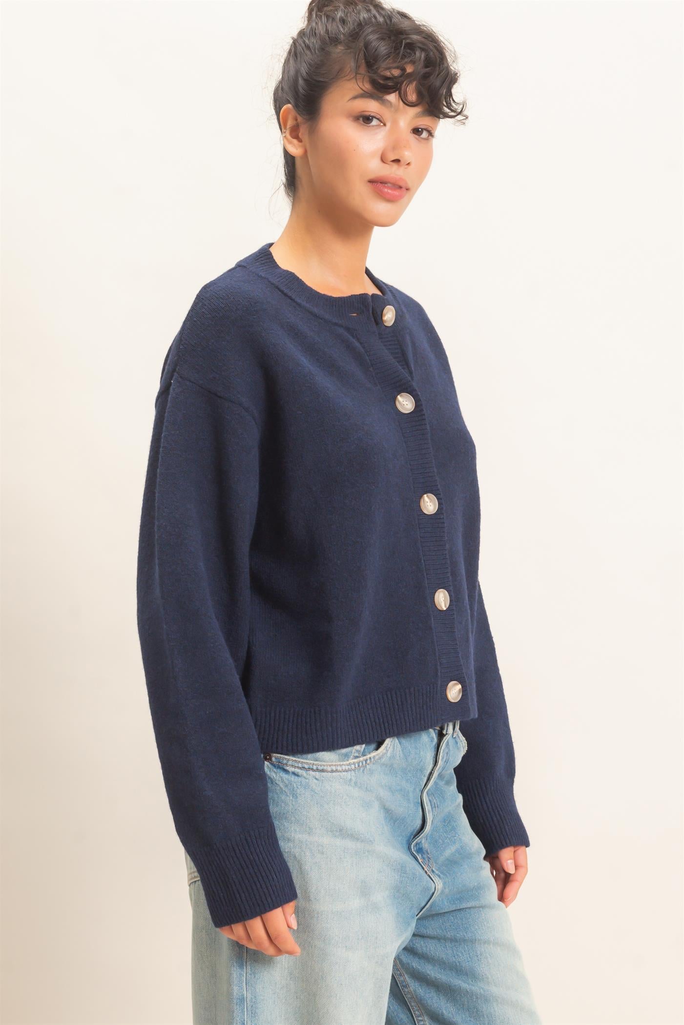 Wholesale Crew Neck Button Front Cardigan Cardigans DZ26E639 NAVY DOUBLE ZERO