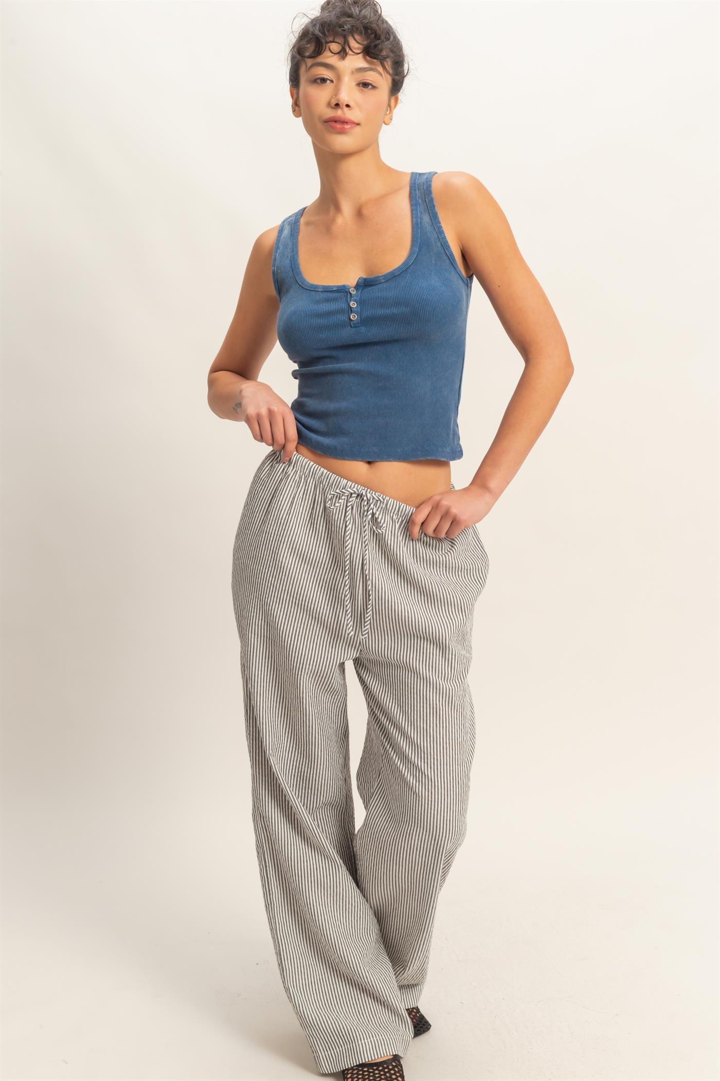 Wholesale Acid Washed Henley Ribbed Tank Top Tank Tops DZ26C661 NAVY DOUBLE ZERO