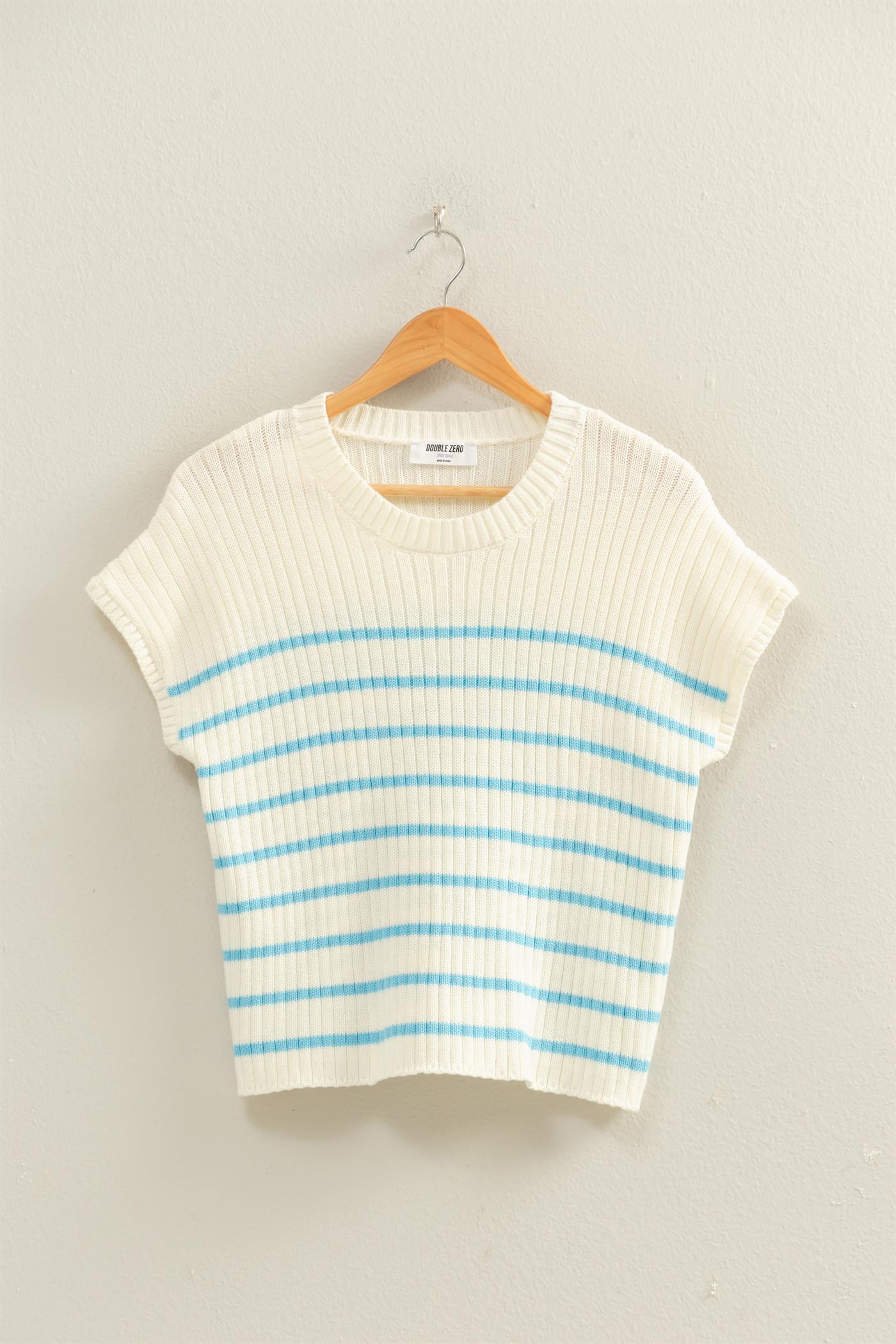 Wholesale Sleeveless Ribbed Striped Knit Top Clothing Tops DZ26A209 BLUE DOUBLE ZERO