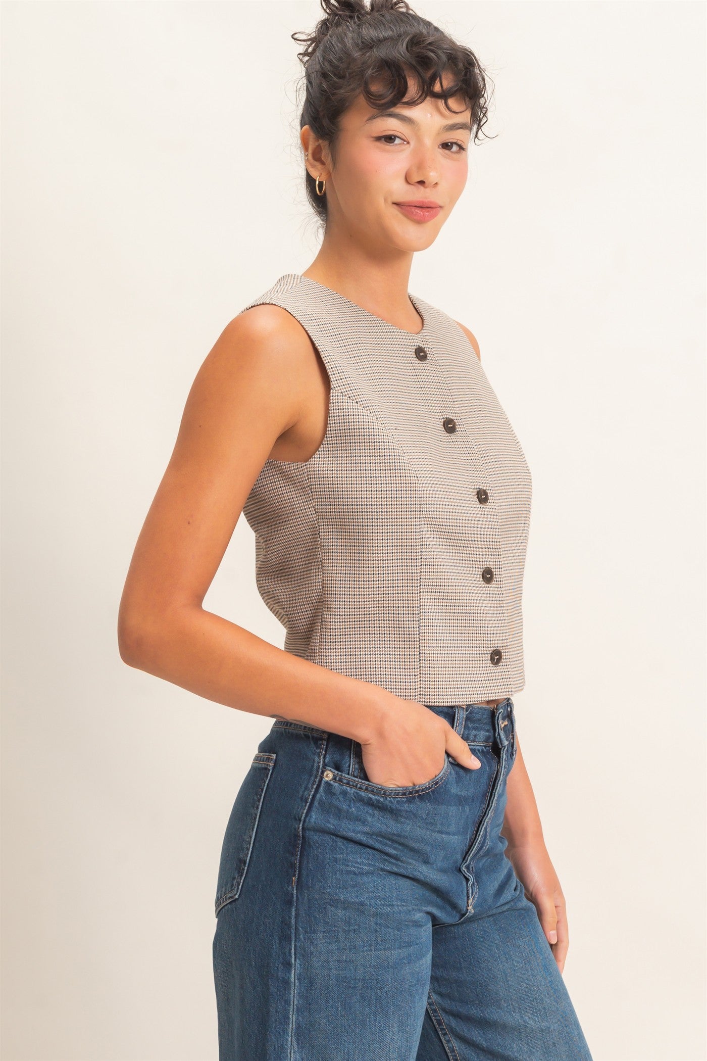 Wholesale Houndstooth Buttoned Vest Clothing Tops DZ26E386 BROWN DOUBLE ZERO