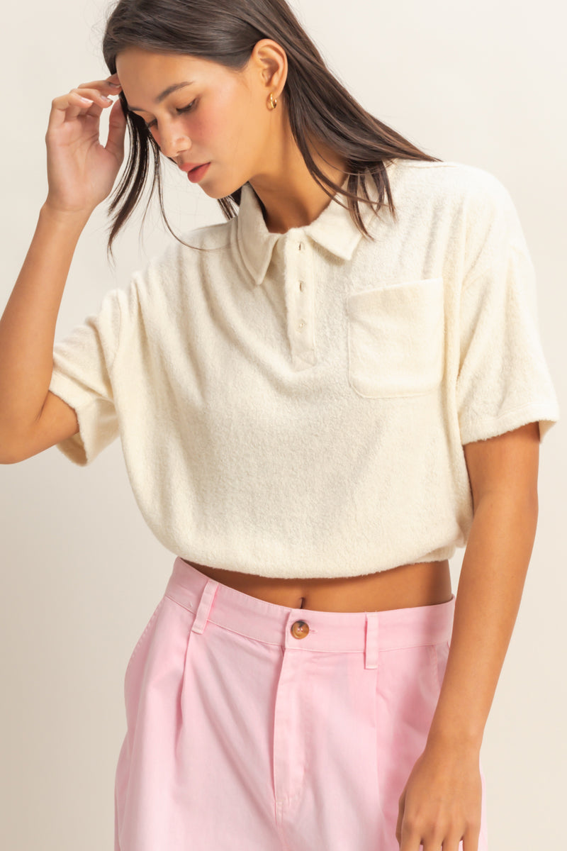 Wholesale Collared Short Sleeve Crop Top Clothing Tops DZ22A477 FRENCH VANILLA DOUBLE ZERO