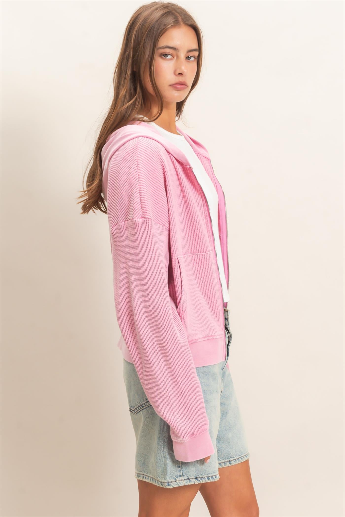 Wholesale Acid Wash Waffle Knit Zip-Up Hoodie Hoodies DZ26E401 PINK DOUBLE ZERO