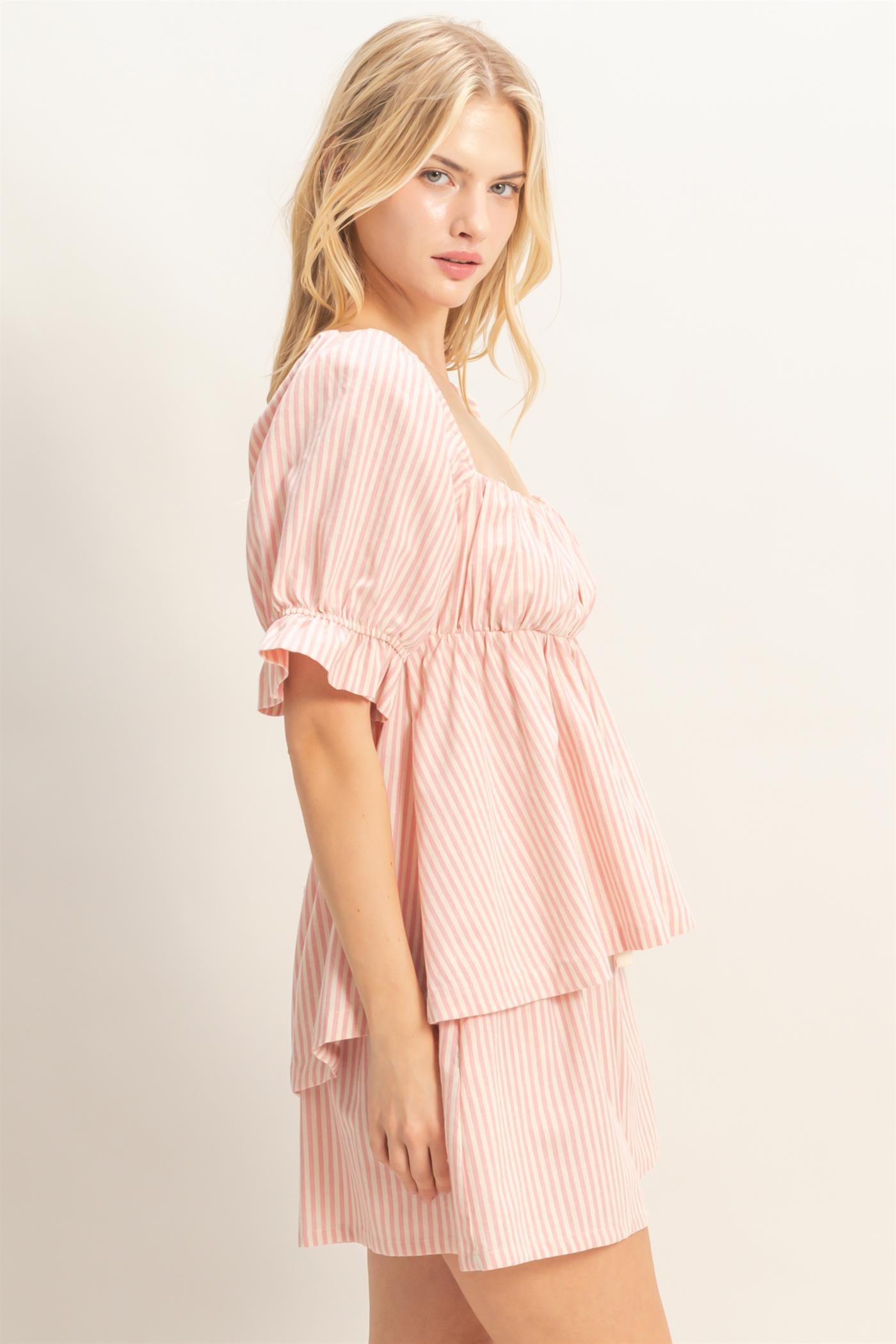 Wholesale Striped Square Neck Peplum Top Clothing Tops HF26E386 PINK HYFVE