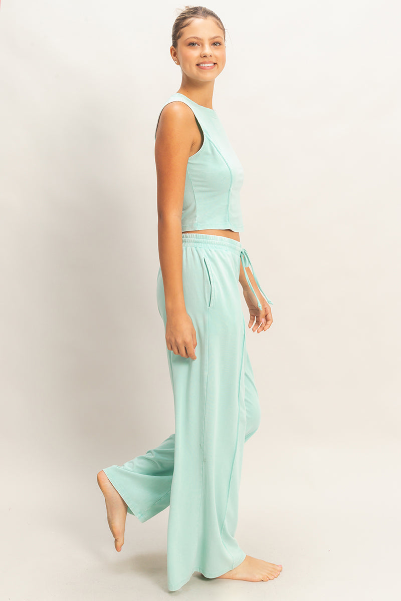 Wholesale Mineral Washed Sleeveless Top & Wide Leg Pants Set Clothing DZ26A371-SET TURQUOISE DOUBLE ZERO