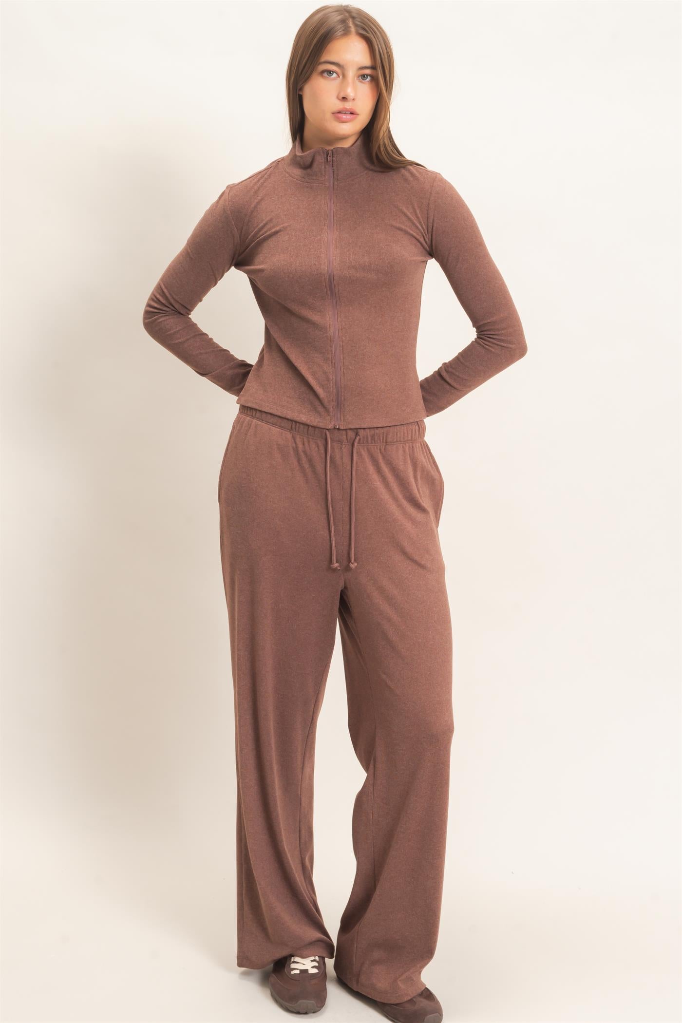 Wholesale Mock Neck Long Sleeve Zip Up Top Clothing Tops DZ26E911 DARK BROWN DOUBLE ZERO