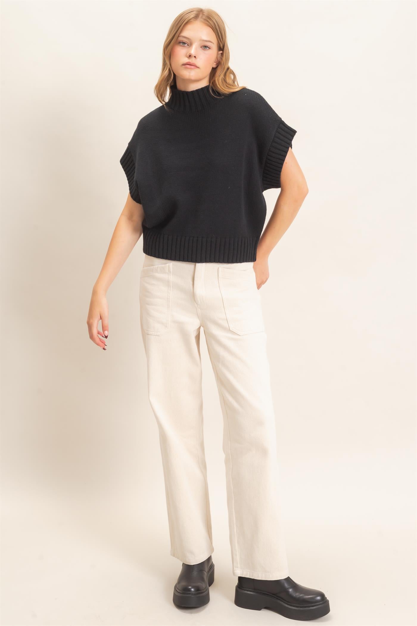 Wholesale Ribbed Mock Neck Sweater Vest Sweaters HF26F186-D BLACK HYFVE