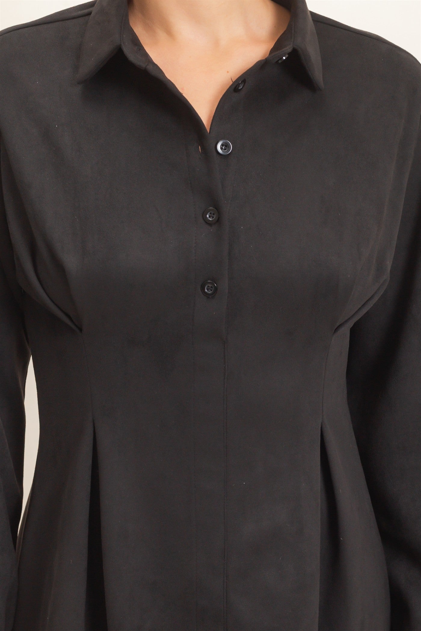 Wholesale Faux Suede Long Sleeve Shirtdress Dresses HF26F063 BLACK HYFVE