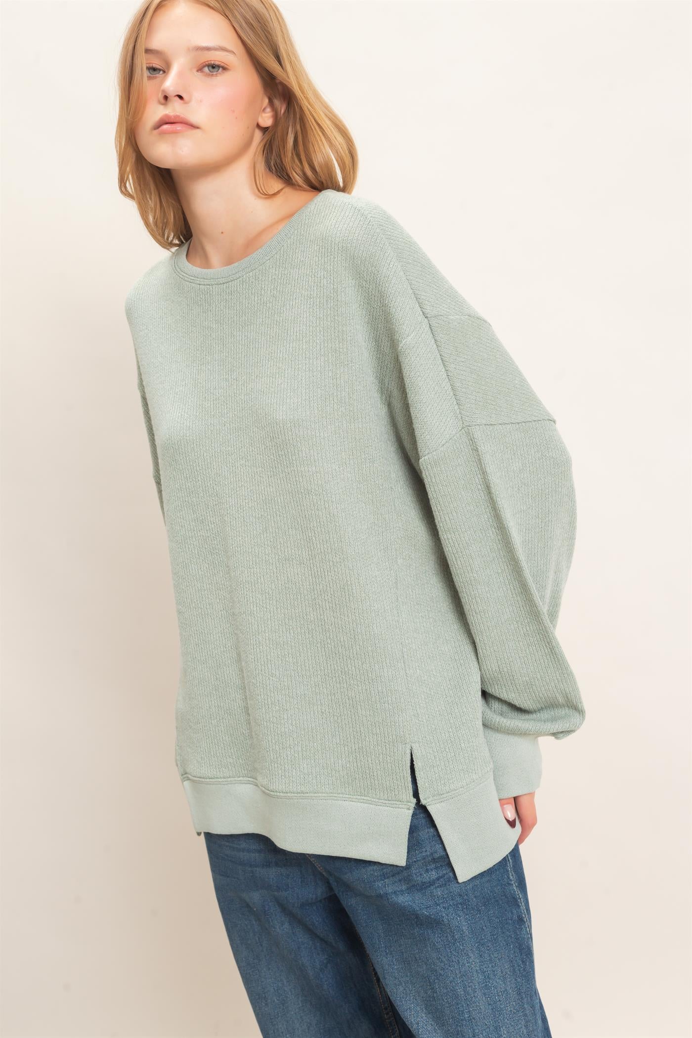 Wholesale Ribbed Boat Neck Knit Top Clothing Tops HF26E852 SAGE HYFVE