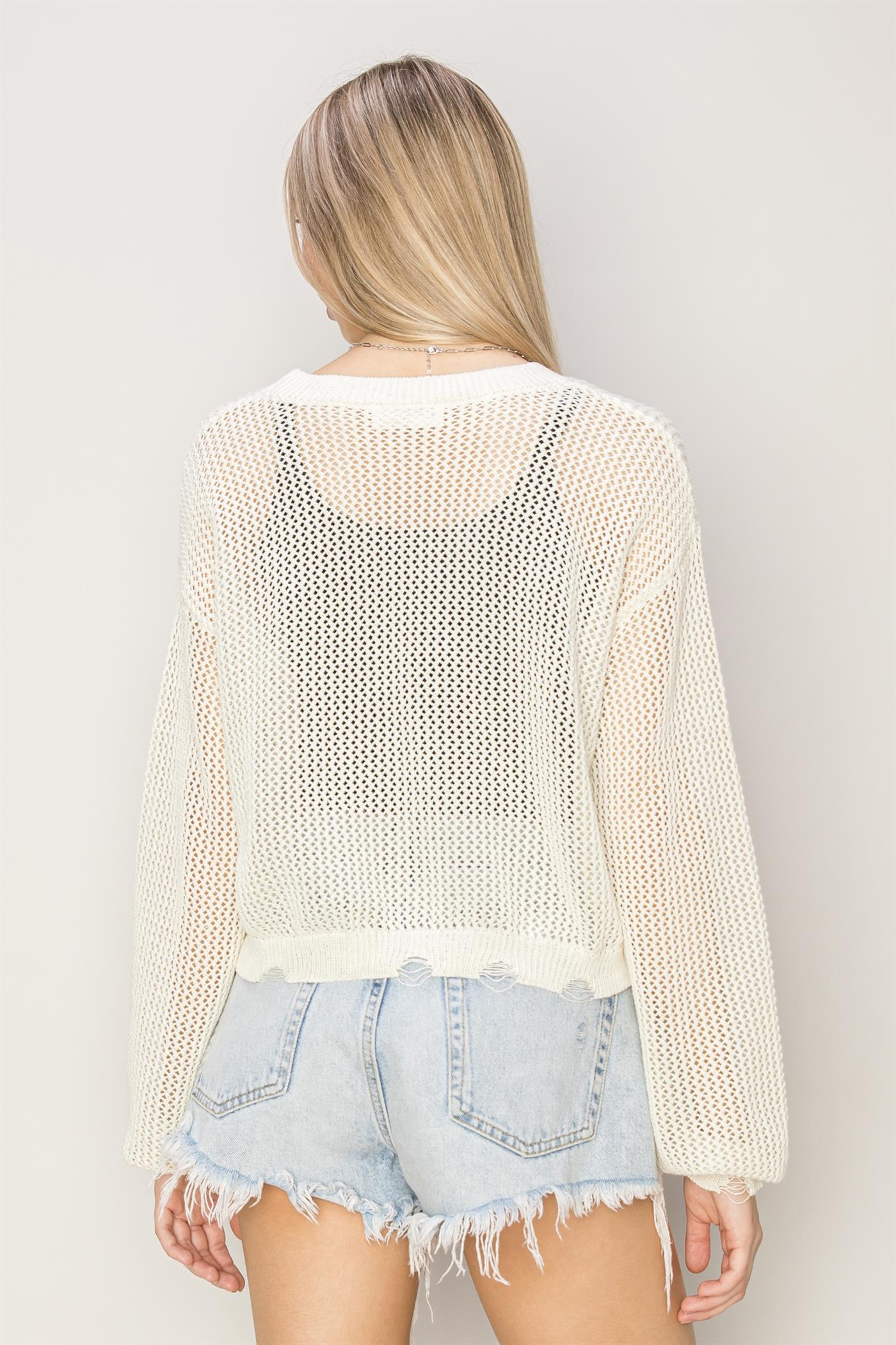 Wholesale Distressed Knit Sweater Clothing Tops DZ24C038 WHIP CREAM DOUBLE ZERO