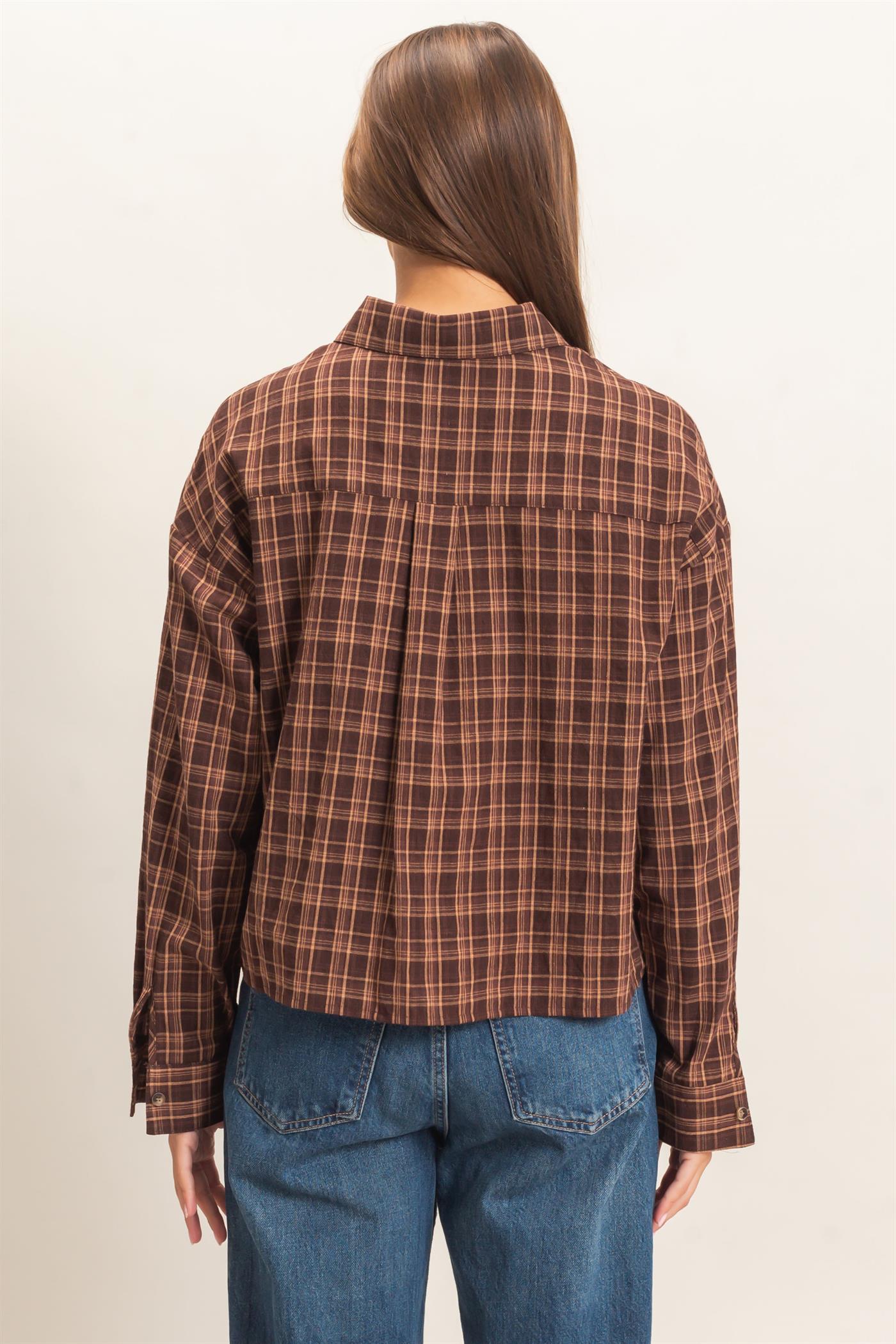 Wholesale Plaid Button-Up Shirt Clothing Tops DZ26E395 BROWN DOUBLE ZERO