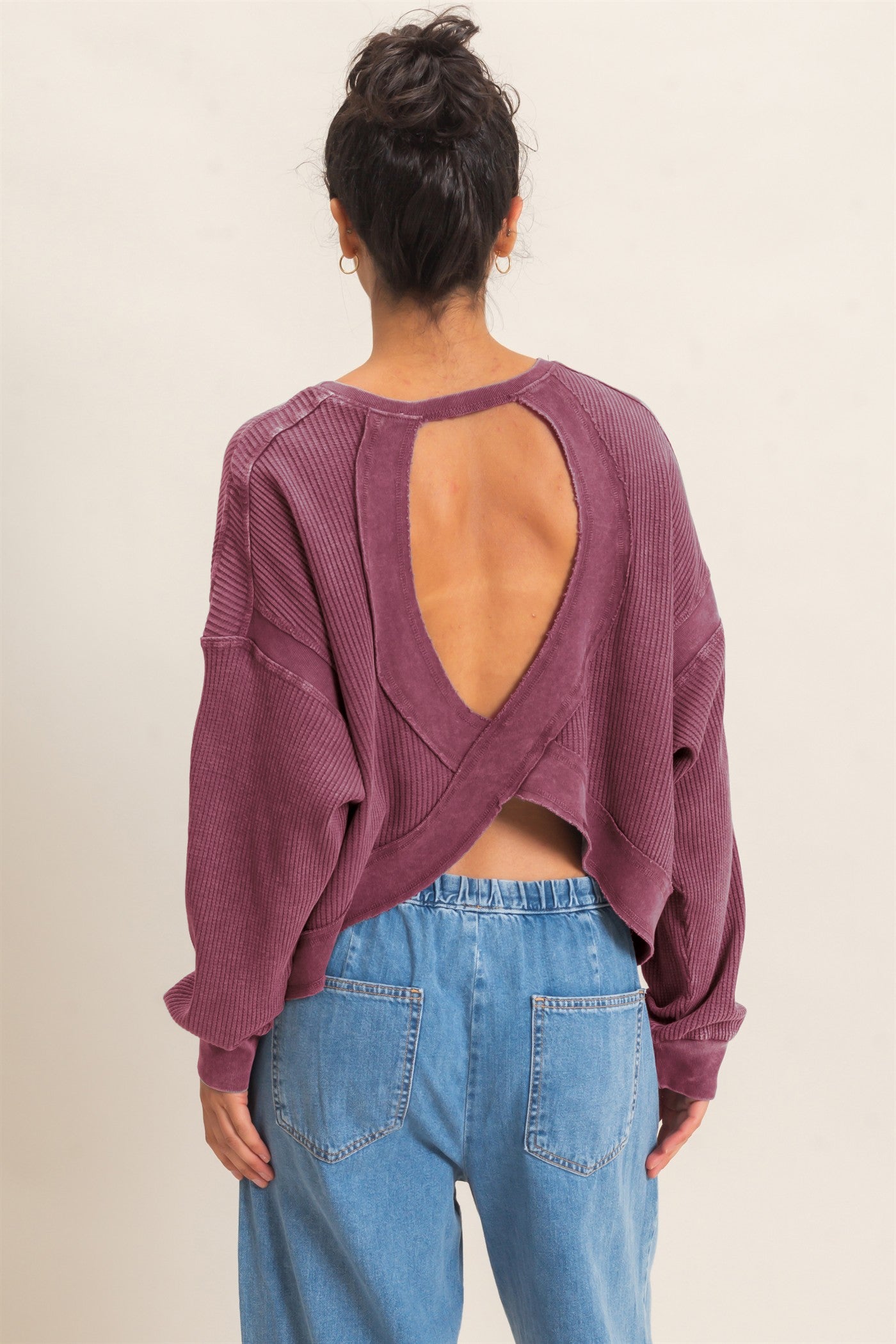 Wholesale Mineral Wash Waffle Open Back Top Clothing Tops DZ26C964 DARK CHERRY DOUBLE ZERO