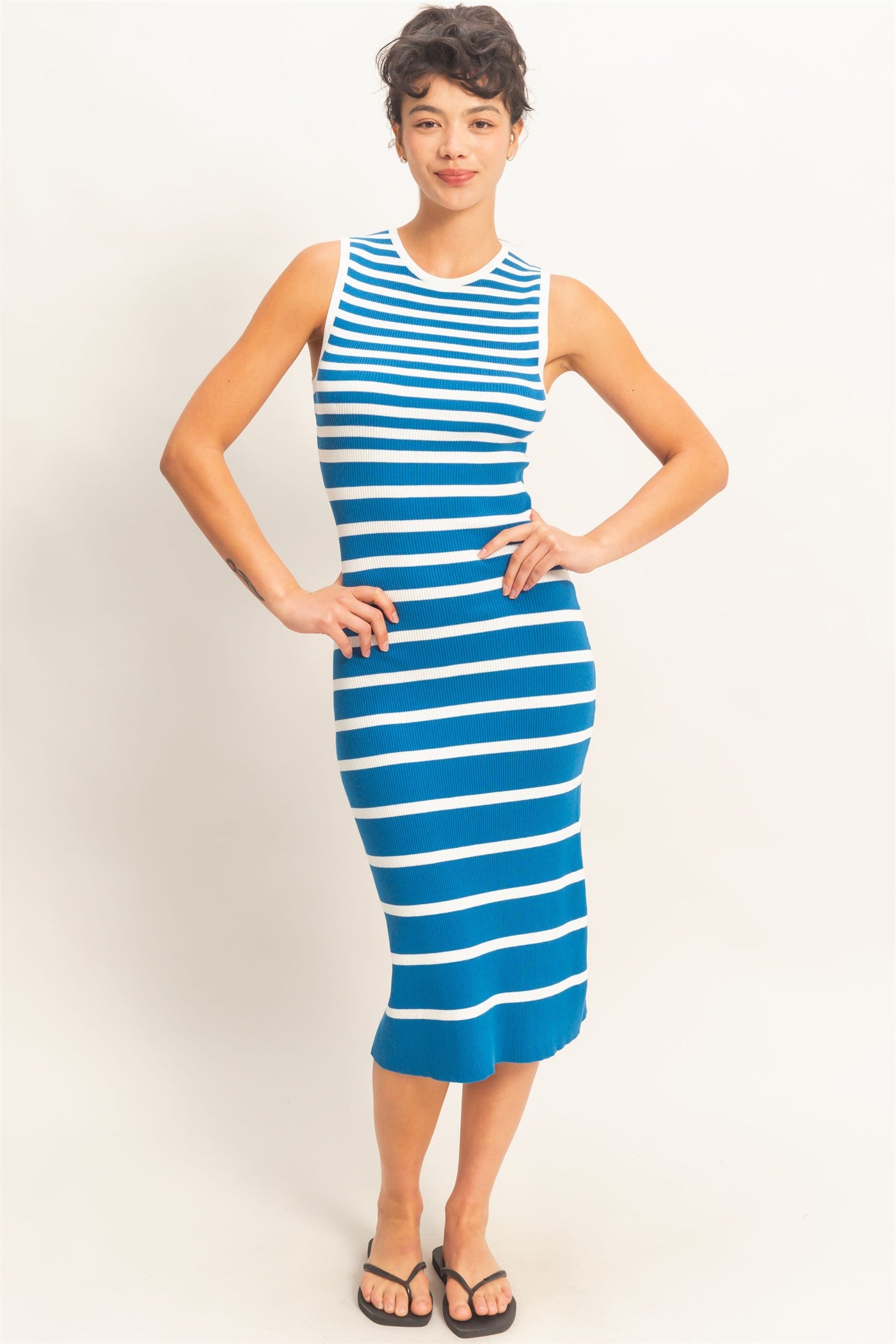 Wholesale Striped Ribbed Tank Midi Dress Dresses DZ26A797 BLUE DOUBLE ZERO