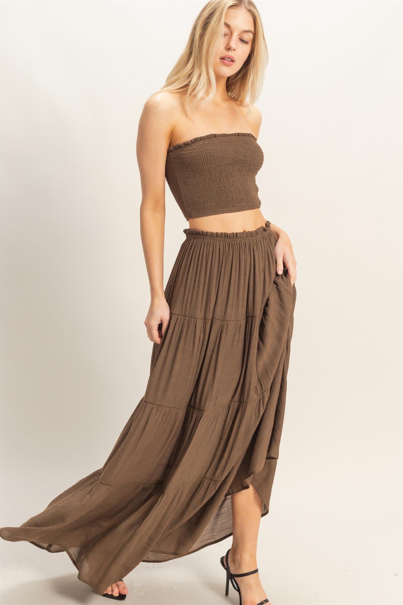 Wholesale Smocked Tube Top & Tiered Skirt Set Clothing HF26C289-SET-D CHOCOLATE HYFVE