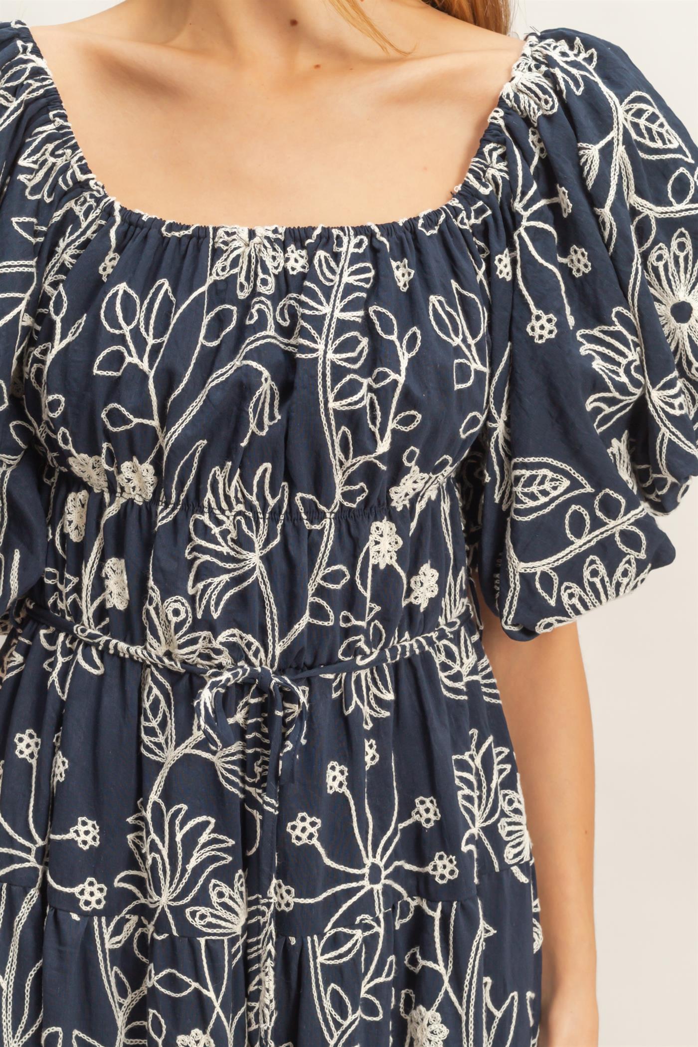 Wholesale Floral Puff Sleeve Midi Dress Dresses HF26C777-D NAVY HYFVE