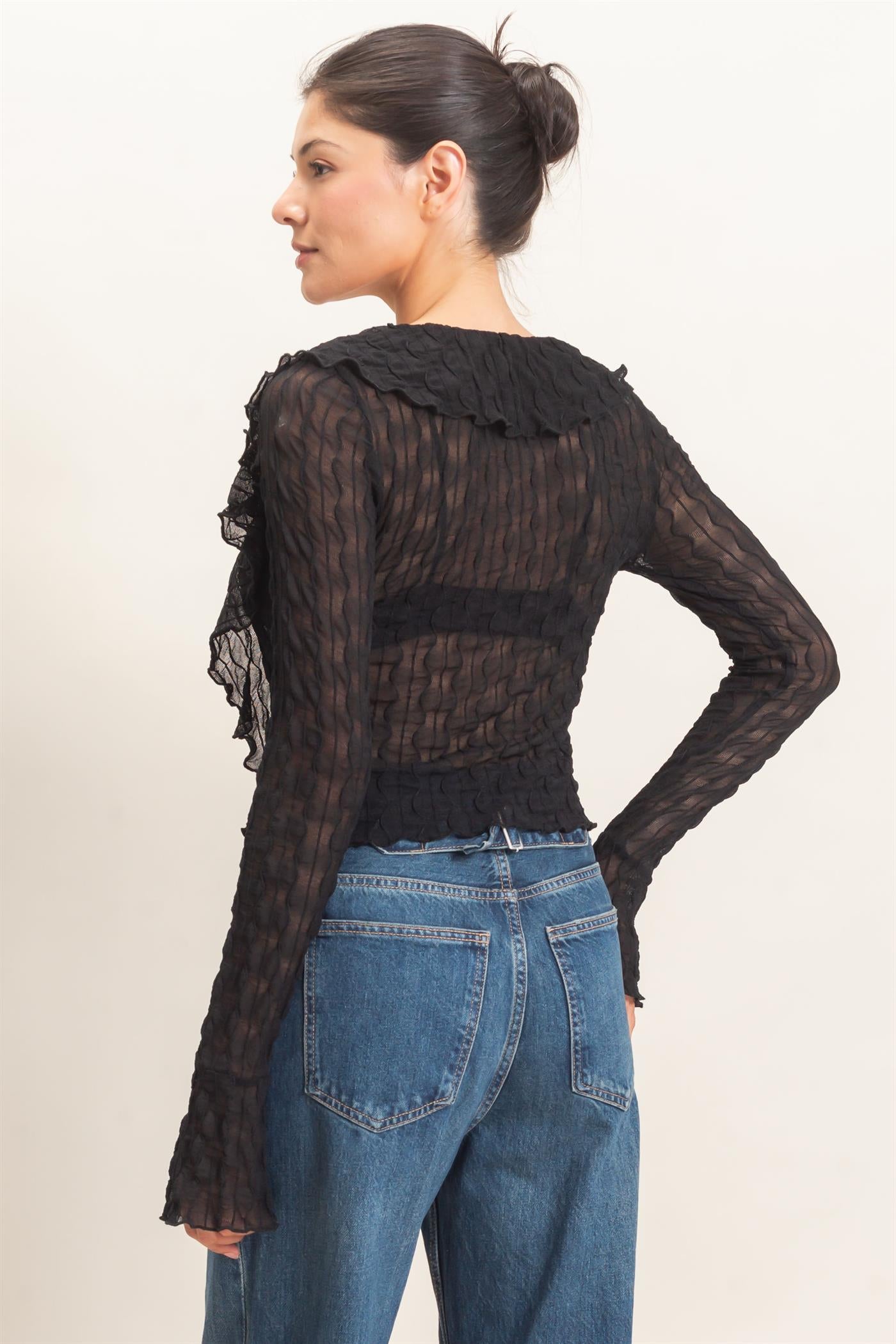 Wholesale Textured V-Neck Tie Front Top Blouses HF26F072 BLACK HYFVE