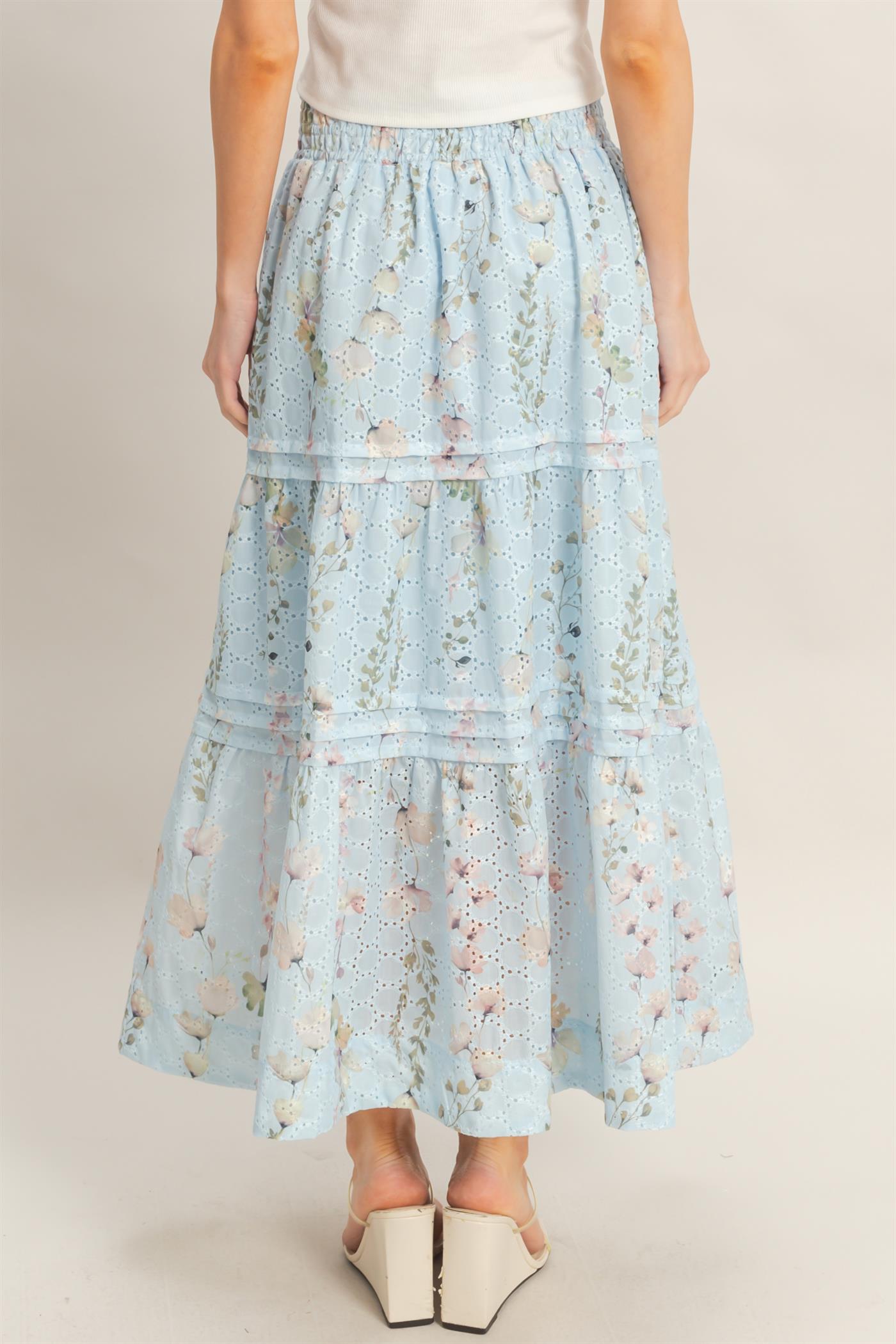 Wholesale Floral Smocked Waist Skirt Skirts HF26A361-D BLUE HYFVE