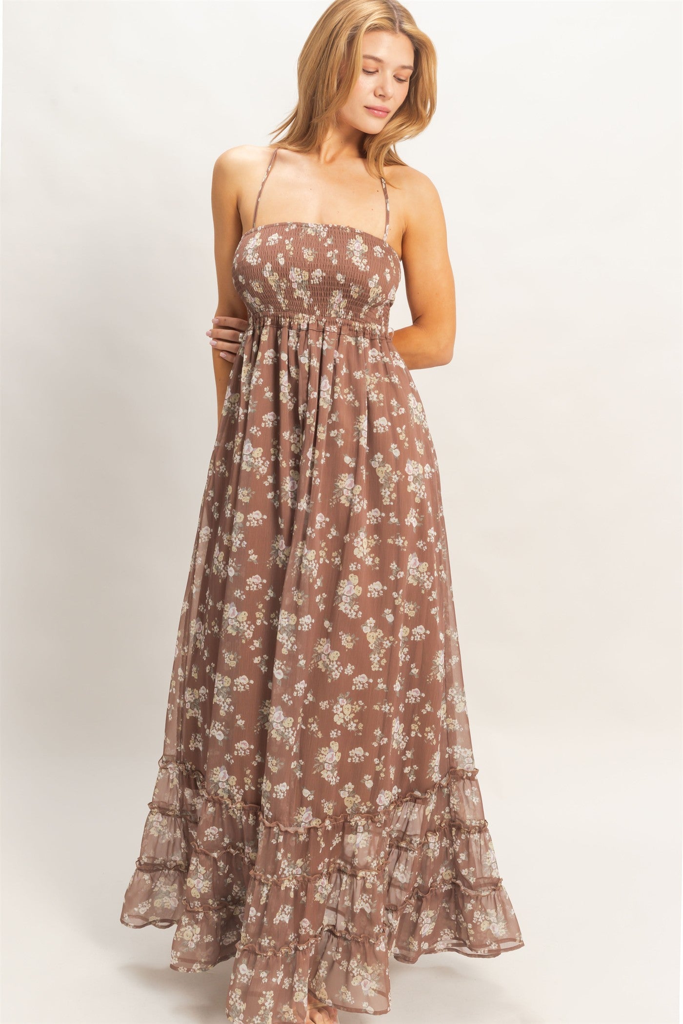 Wholesale Smocked Floral Maxi Dress Dresses HF26E648 BROWN HYFVE