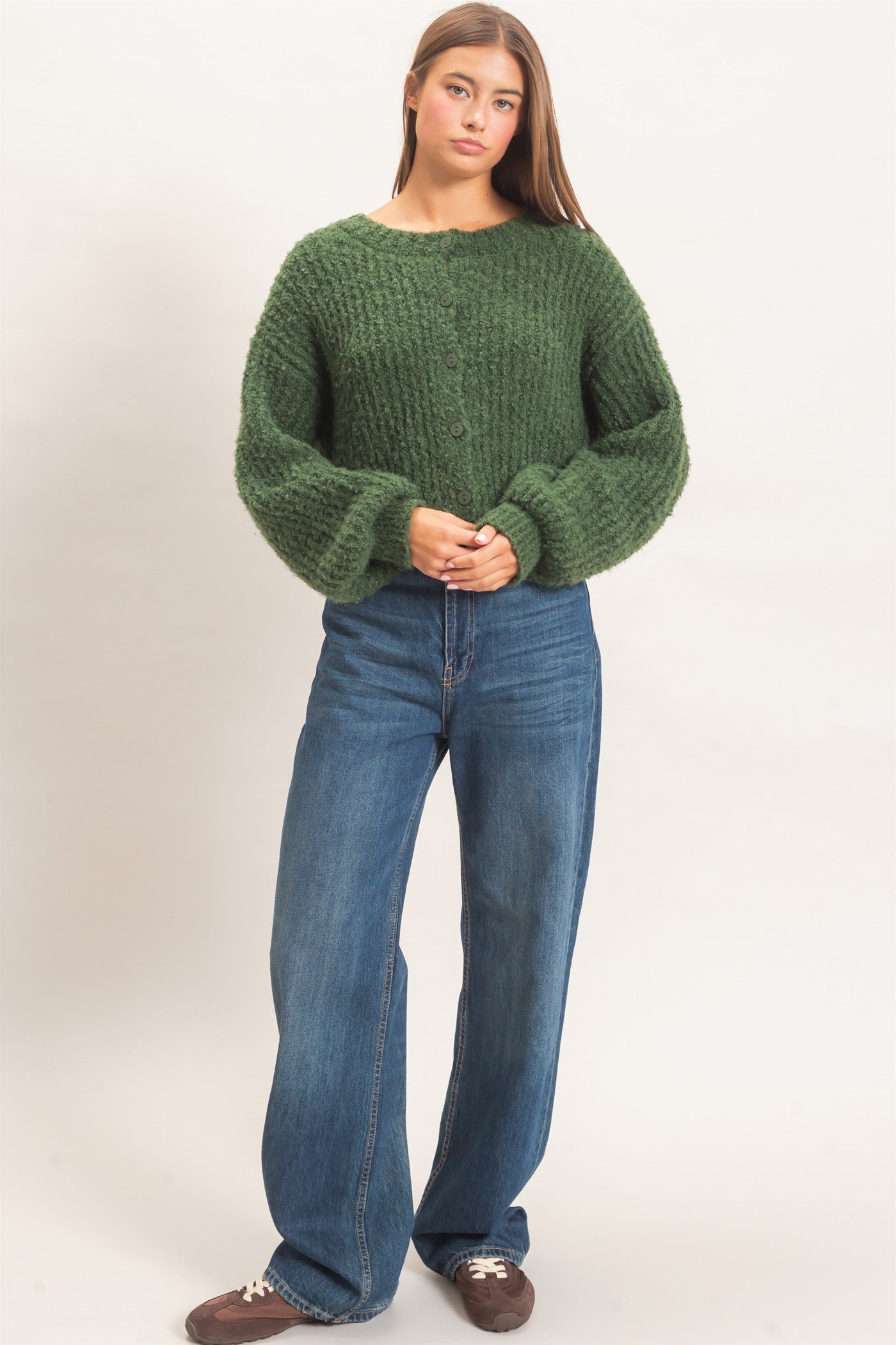 Wholesale Boucle Knit Button Front Cardigan Cardigans DZ26E270 DARK GREEN DOUBLE ZERO