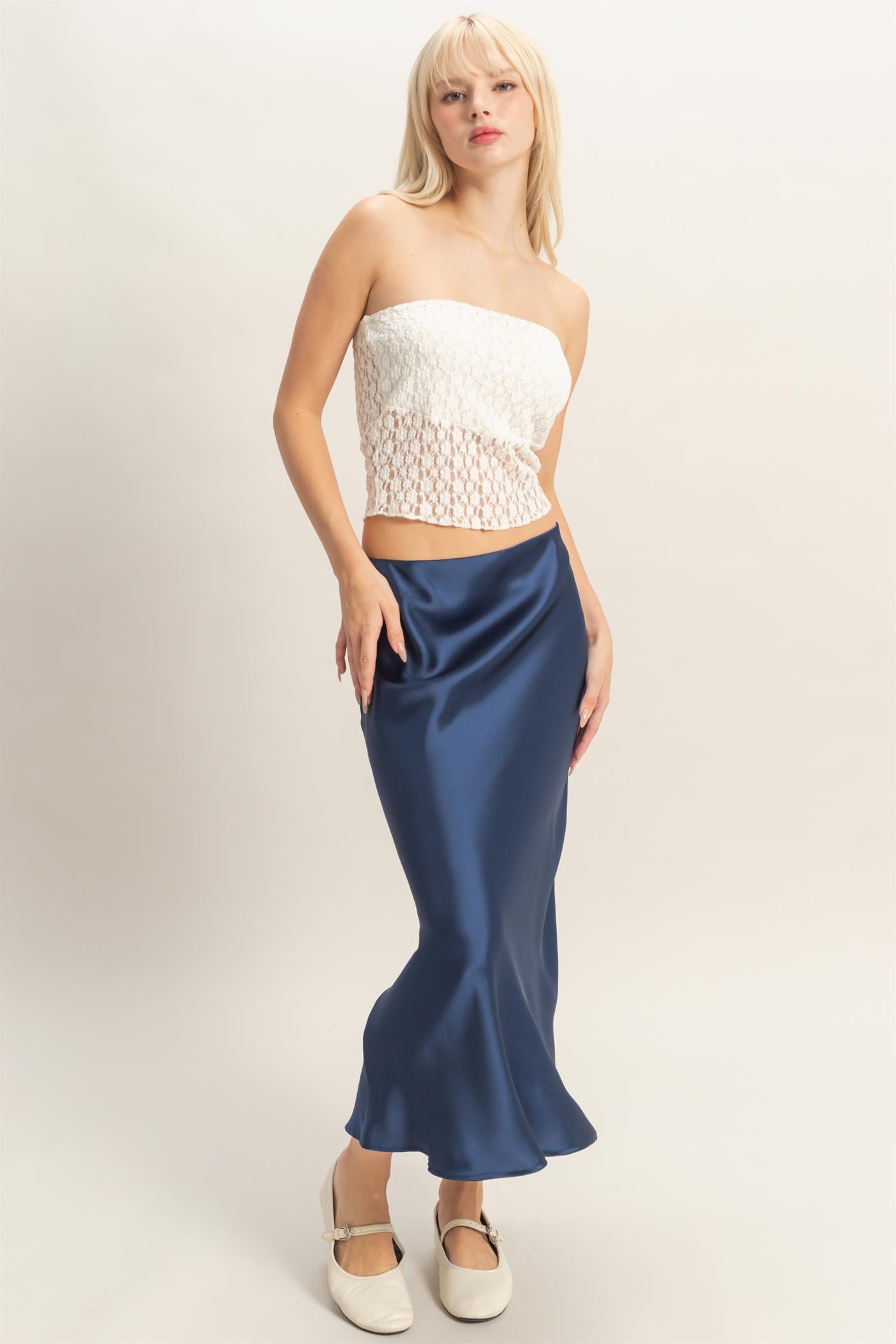 Wholesale Satin Midi Skirt Skirts DZ26A050 NAVY DOUBLE ZERO