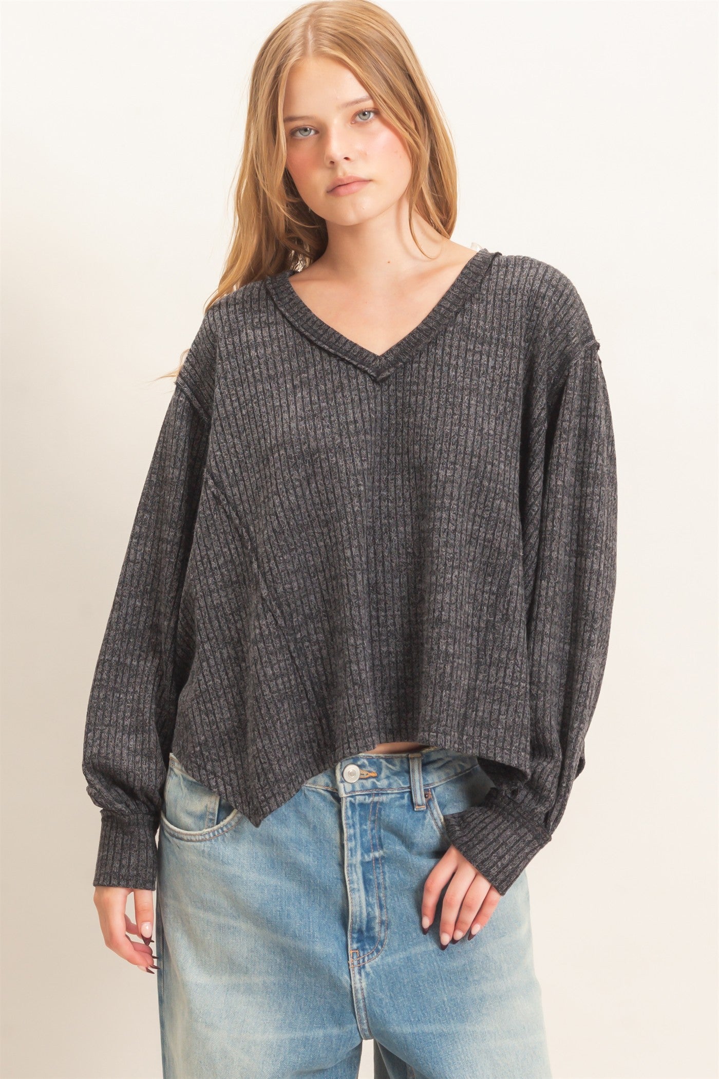 Wholesale Ribbed V-Neck Knit Top Shirts HF26F351 BLACK HYFVE