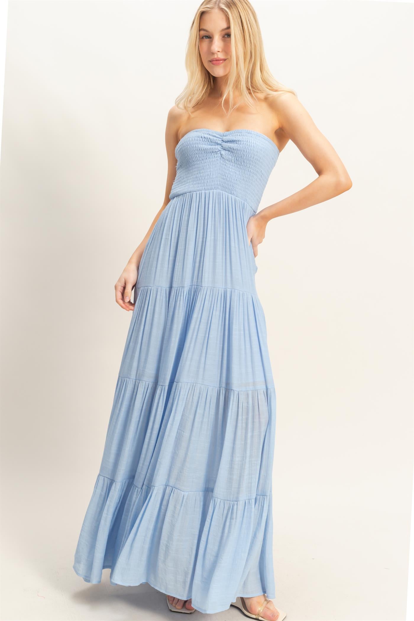 Wholesale Smocked Elastic Neck Maxi Dress Dresses HF26C284-D POWDER BLUE HYFVE