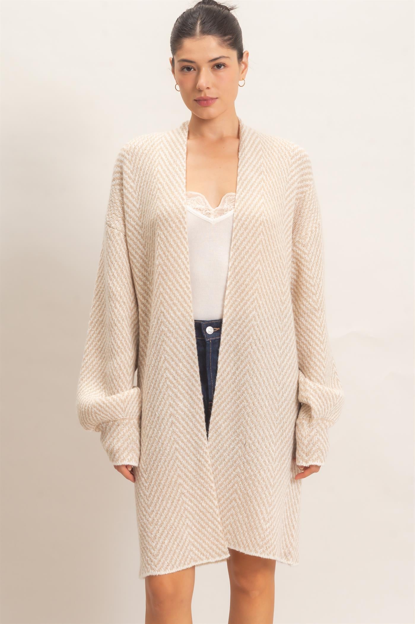 Wholesale Herringbone Pattern Open-Front Cardigan Cardigans HF26F171 TAUPE HYFVE