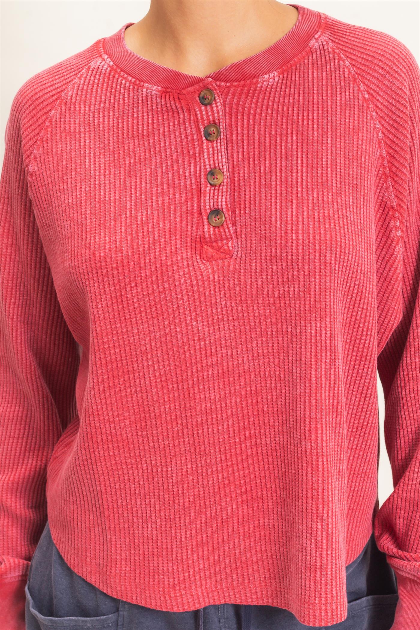 Wholesale Mineral Wash Waffle Knit Henley Top Sweatshirts DZ26E947 DARK RED DOUBLE ZERO