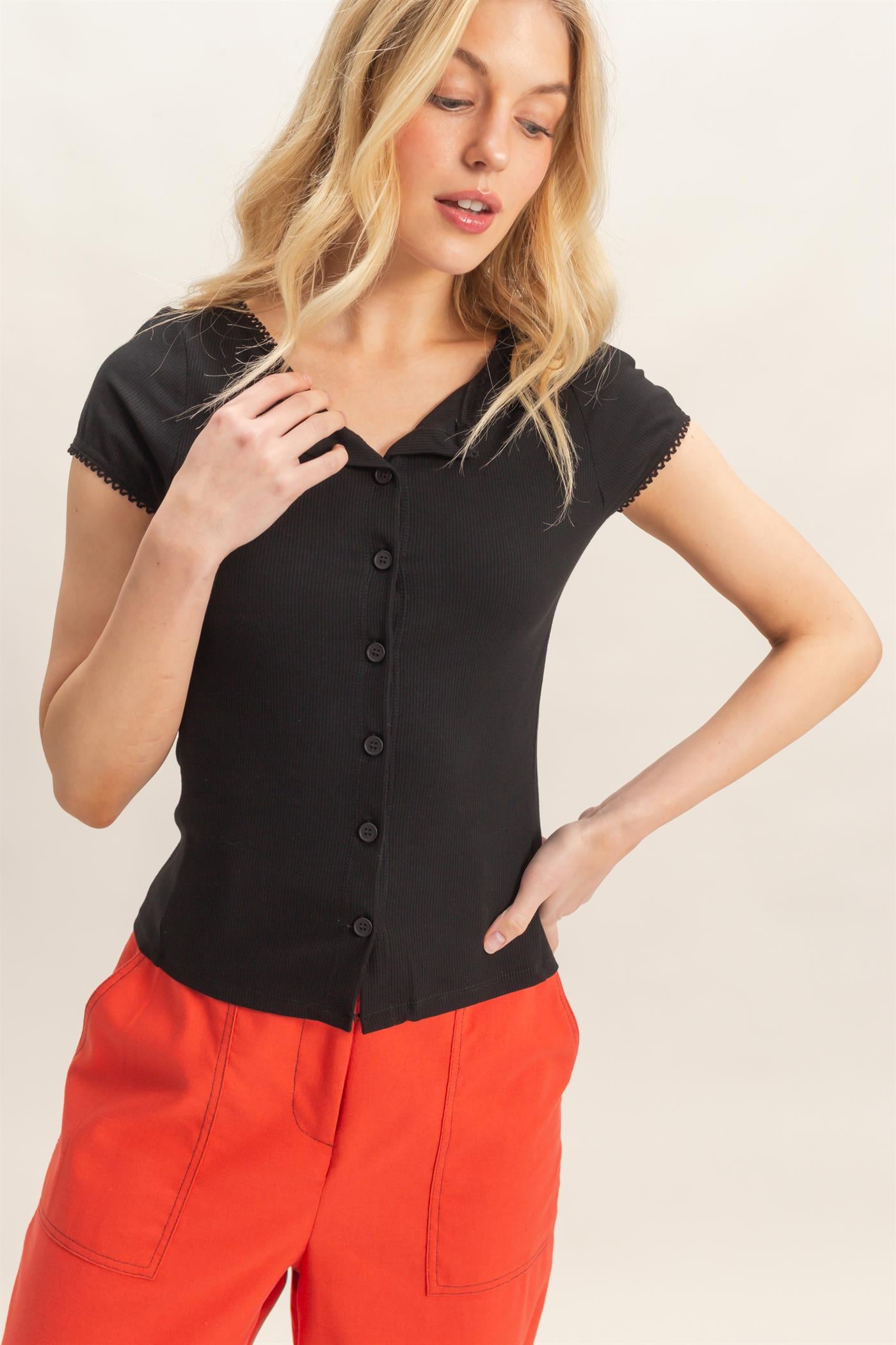 Wholesale Scalloped Button Front Top Clothing Tops HF26C607 BLACK HYFVE