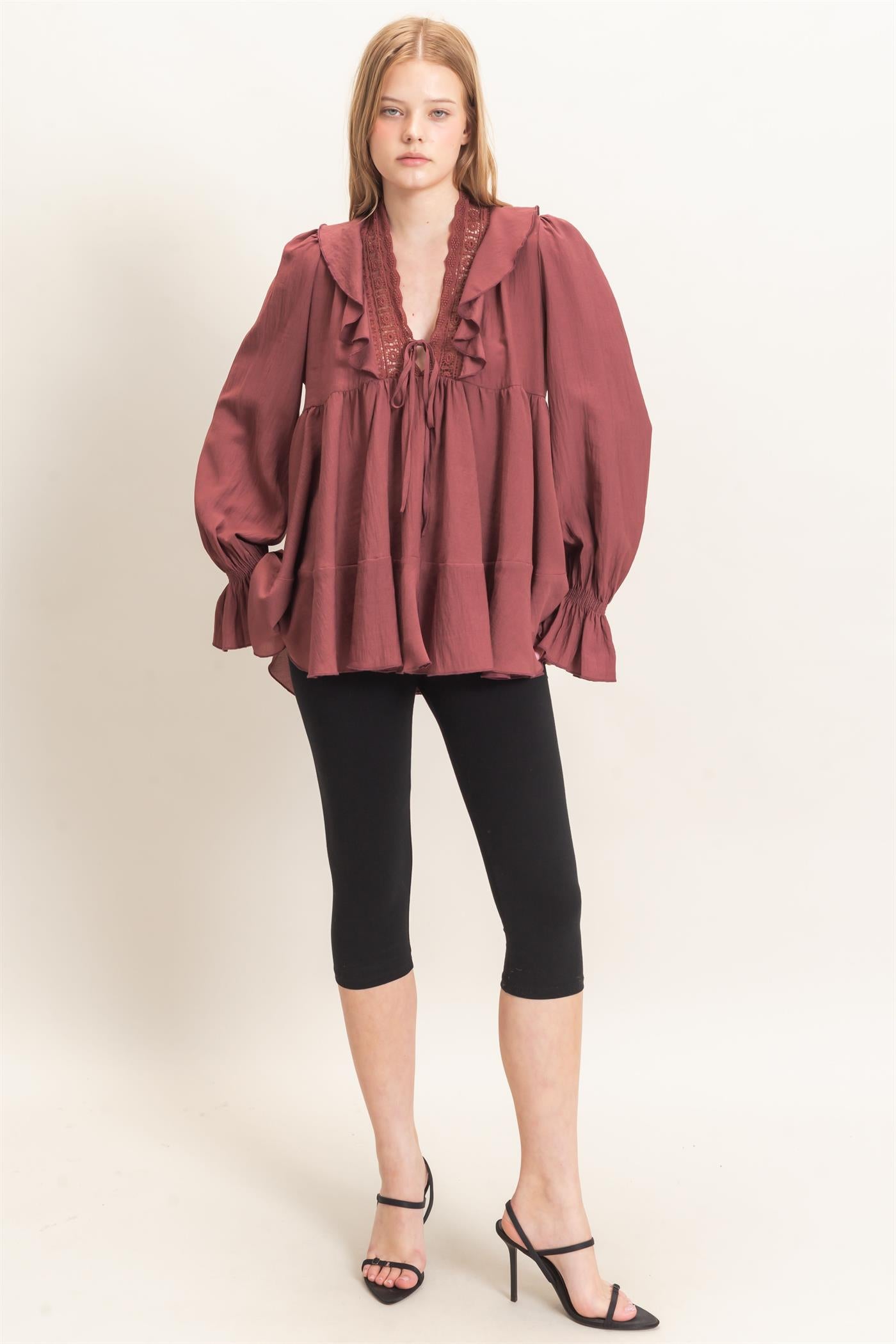 Wholesale Ruffle Lace Tie Neck Blouse Tunics HF26E642 MAROON HYFVE