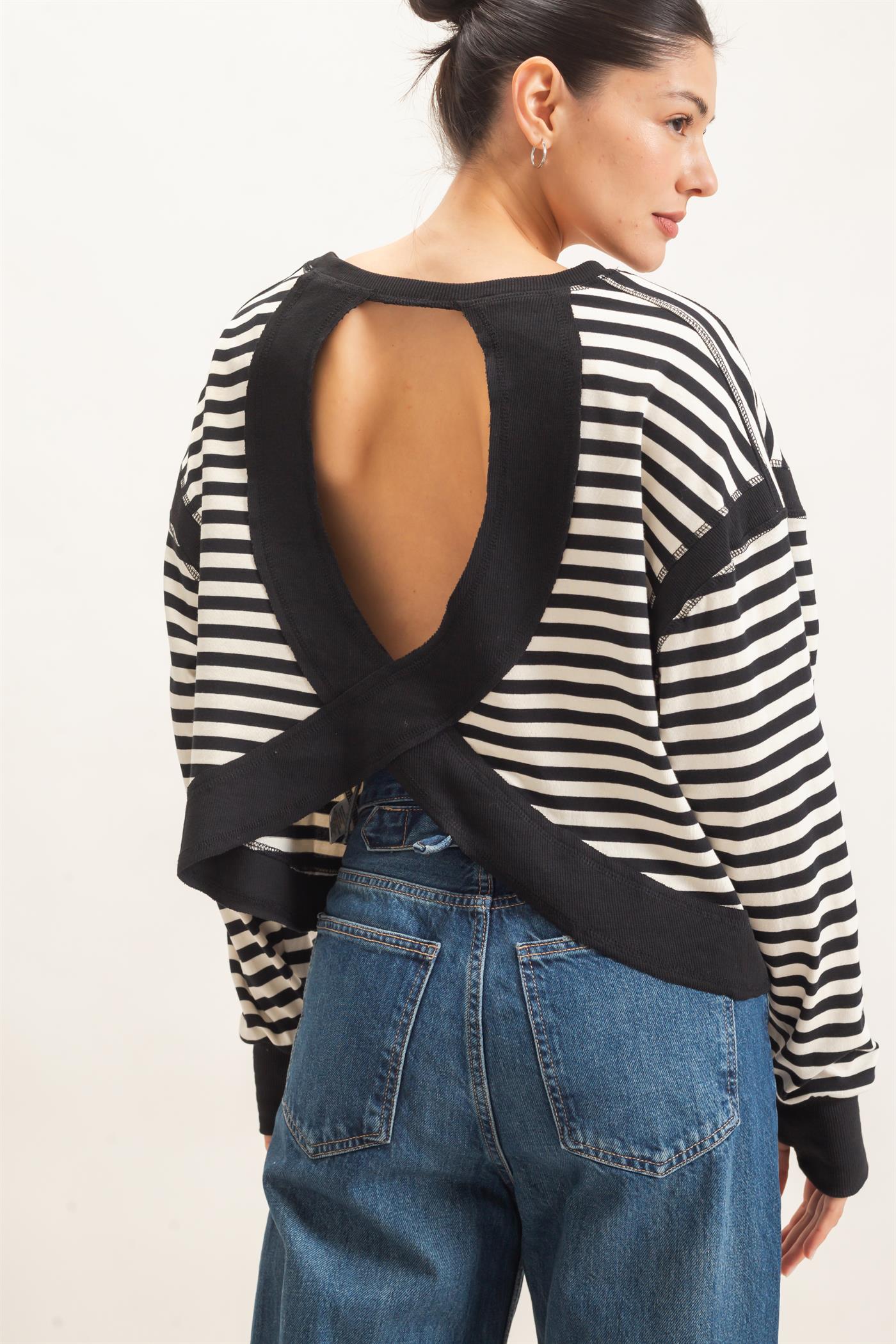 Wholesale Striped Long Sleeve Top Clothing Tops HF26C908-D BLACK HYFVE