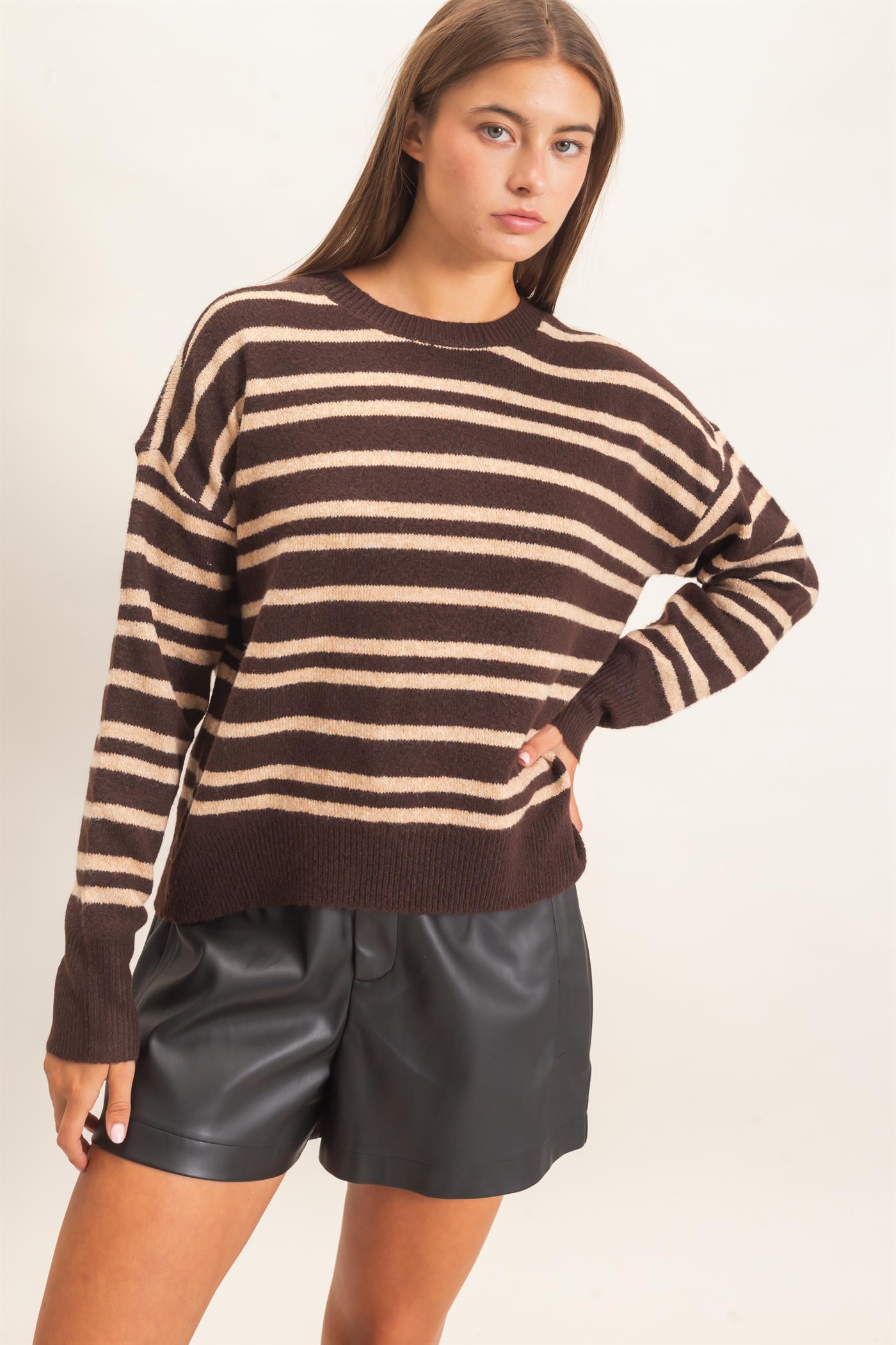 Wholesale Striped Crew Neck Sweater Sweaters DZ26E389 DARK BROWN DOUBLE ZERO