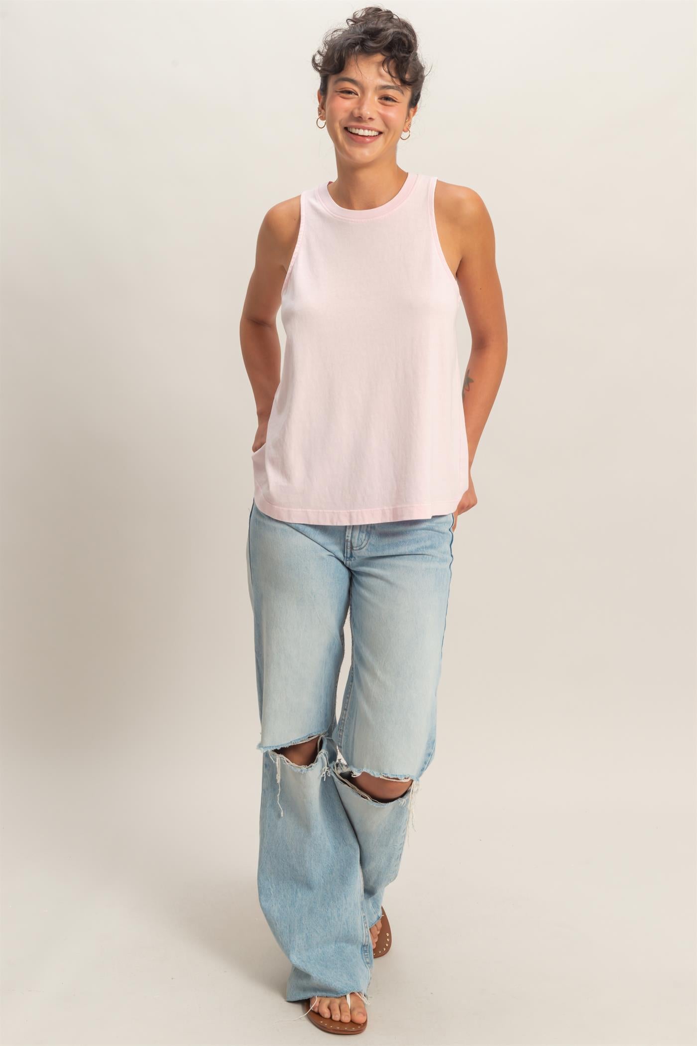 Wholesale Mineral Washed Sleeveless Top Clothing Tops DZ26A739 SOFT PINK DOUBLE ZERO