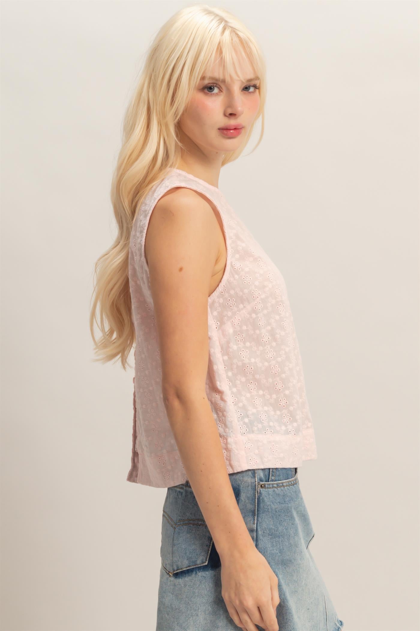 Wholesale Eyelet Sleeveless Top With Back Buttons Clothing Tops DZ26C541 SOFT PINK DOUBLE ZERO
