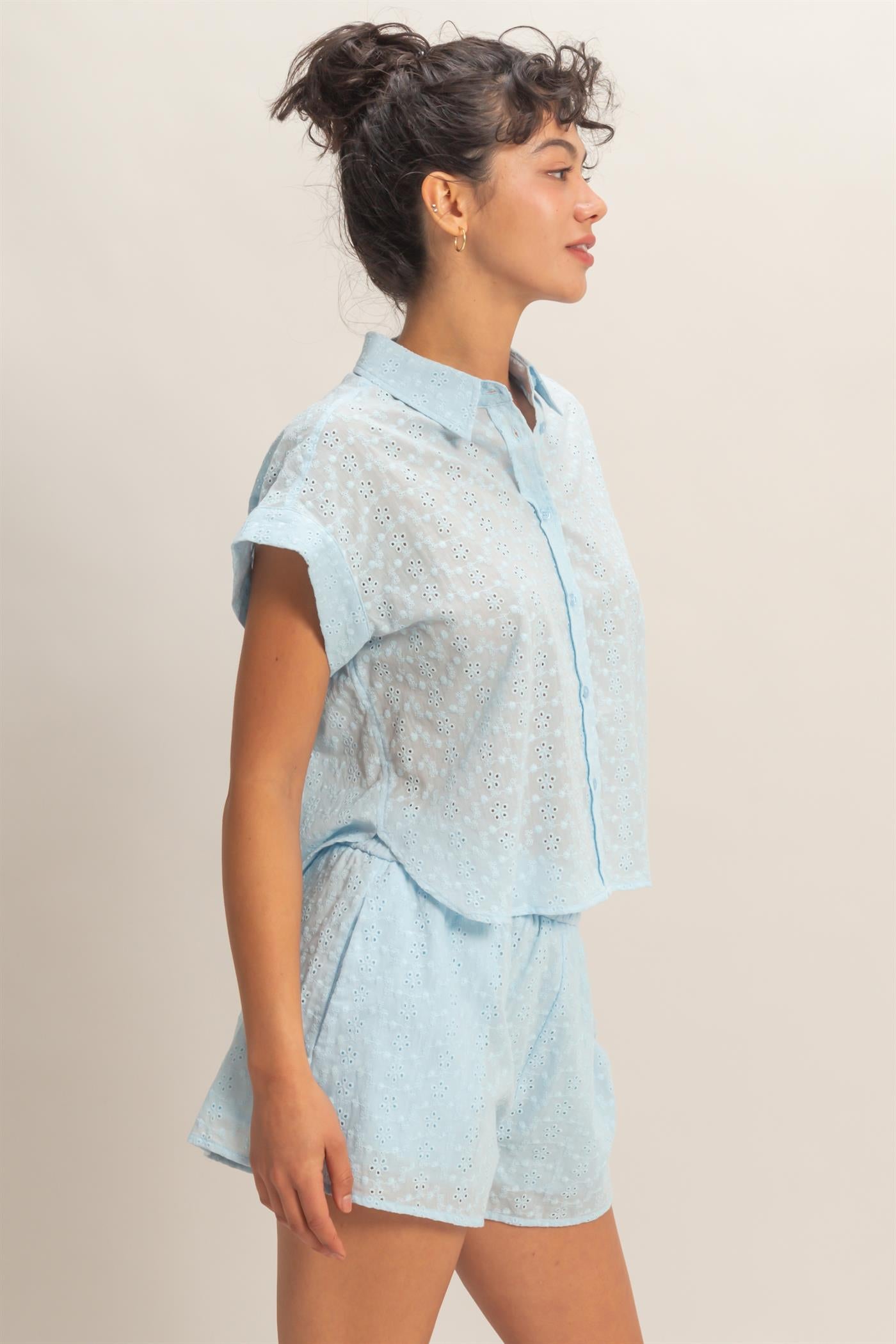 Wholesale Eyelet Dolman Short Sleeve Button Up Shirt Clothing Tops DZ26C088 ICE BLUE DOUBLE ZERO