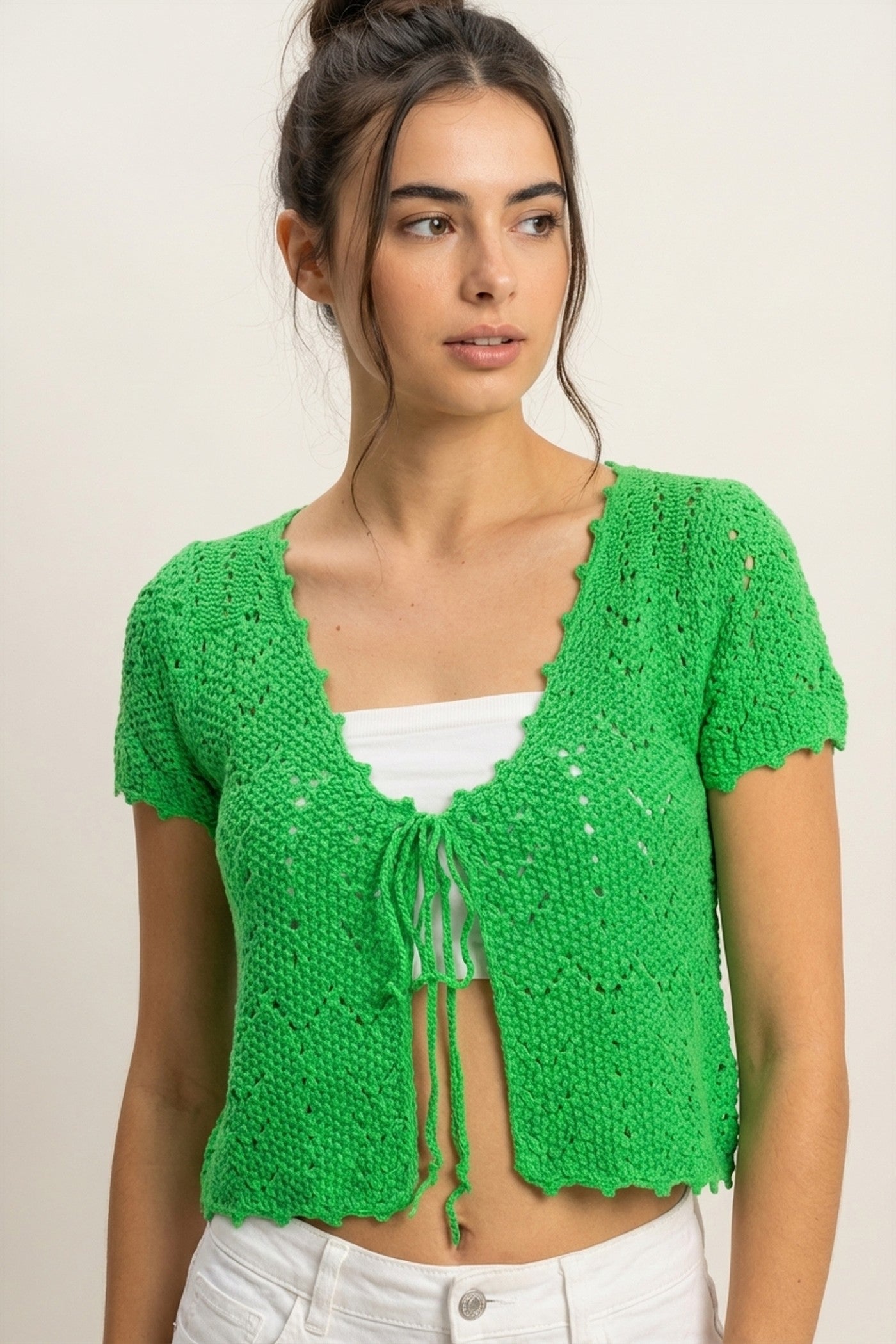 Wholesale Pointelle Tie Front Knit Cardigan Clothing Tops DZ24C268 GREEN DOUBLE ZERO