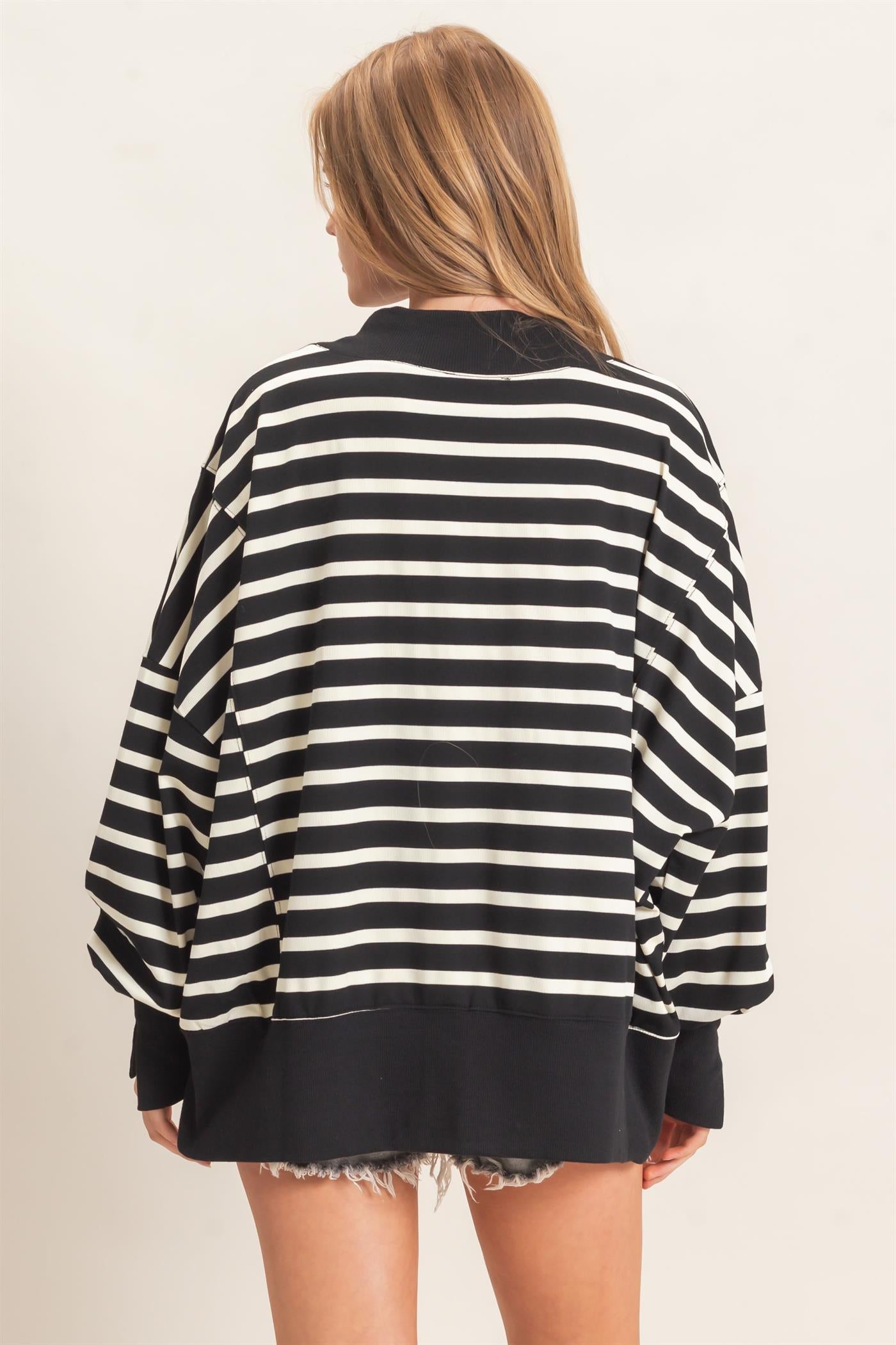 Wholesale Striped Mock Neck Sweatshirt Sweatshirts HF27A178-D BLACK/CREAM HYFVE