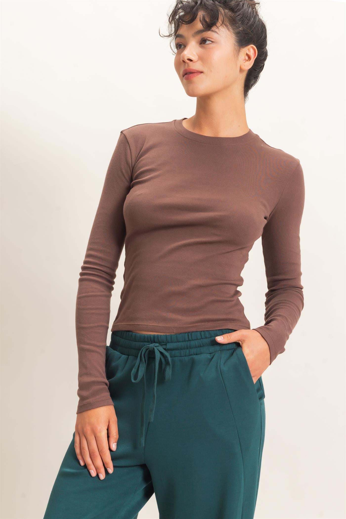 Wholesale Crew Neck Long Sleeve Top Clothing Tops DZ26E184 DARK BROWN DOUBLE ZERO
