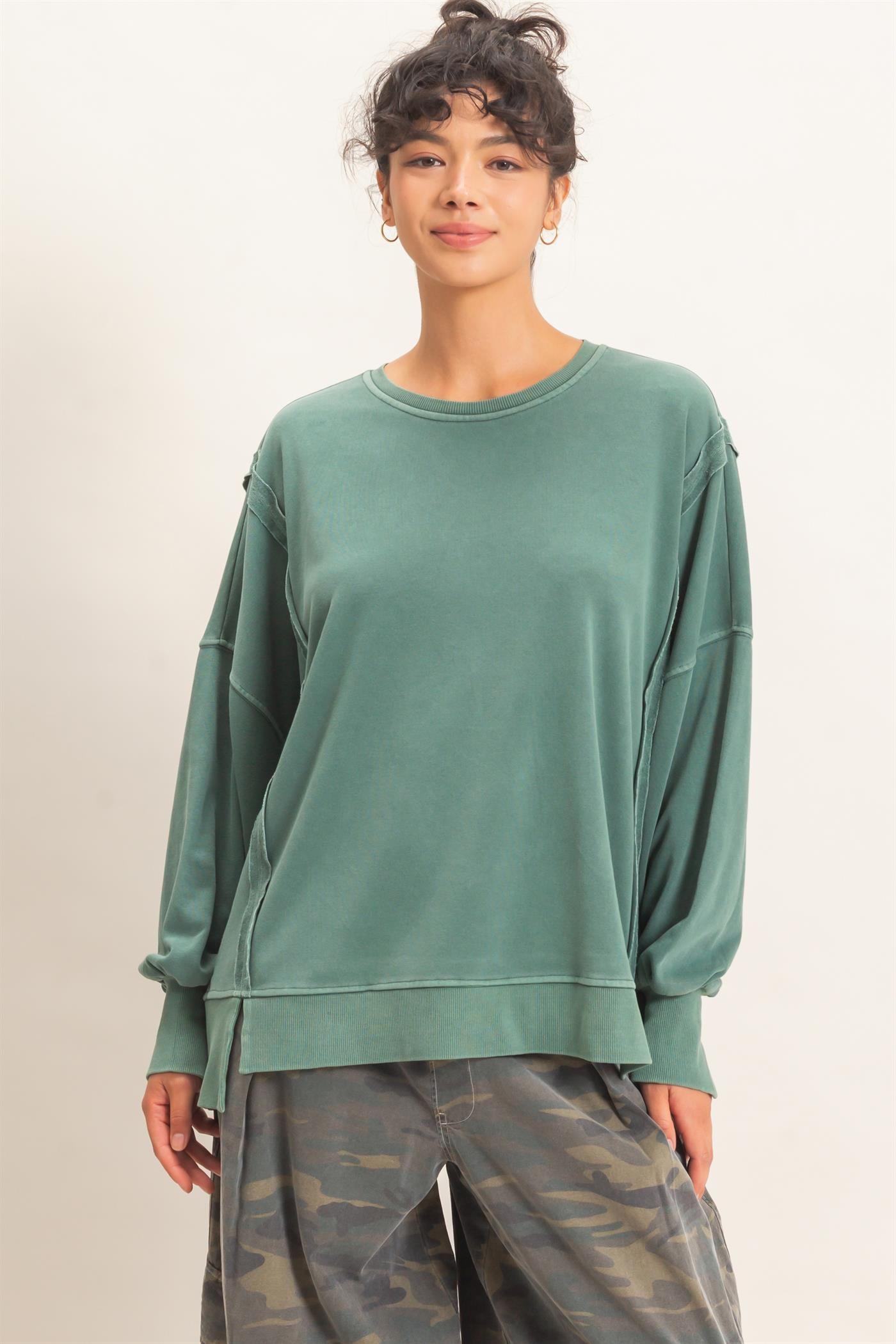Wholesale Pigment  Dye Oversized Raw Edge Sweatshirt Sweatshirts DZ26C737 DARK GREEN DOUBLE ZERO