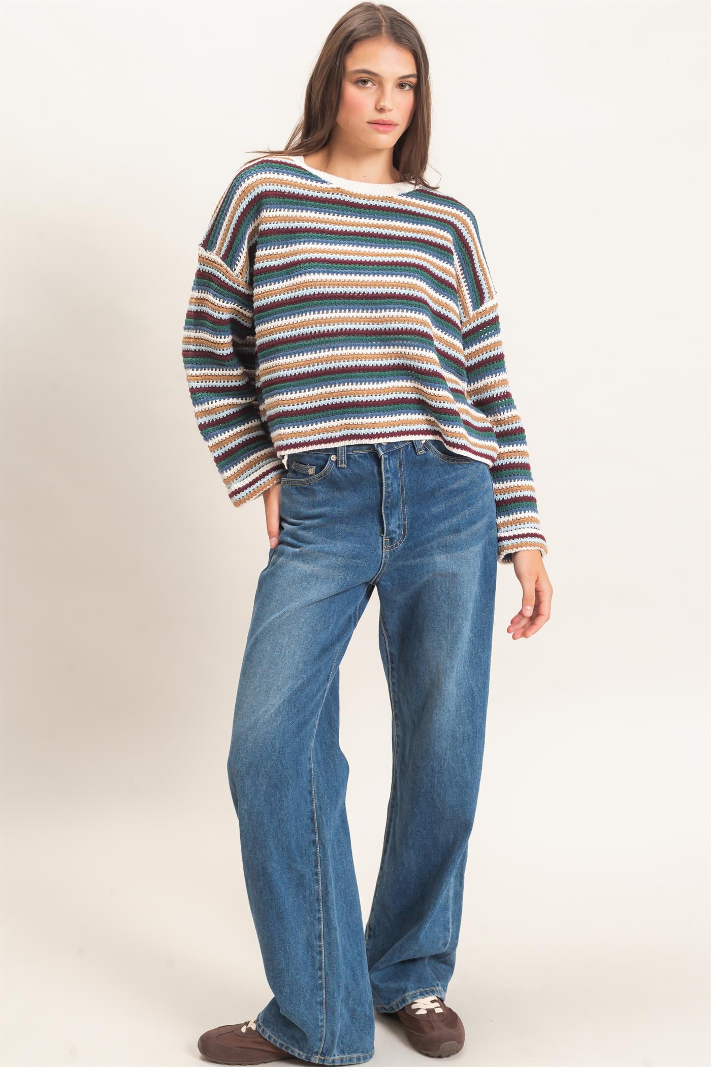 Wholesale Striped Boat Neck Sweater Sweaters HF26E681 ECRU COMBO HYFVE