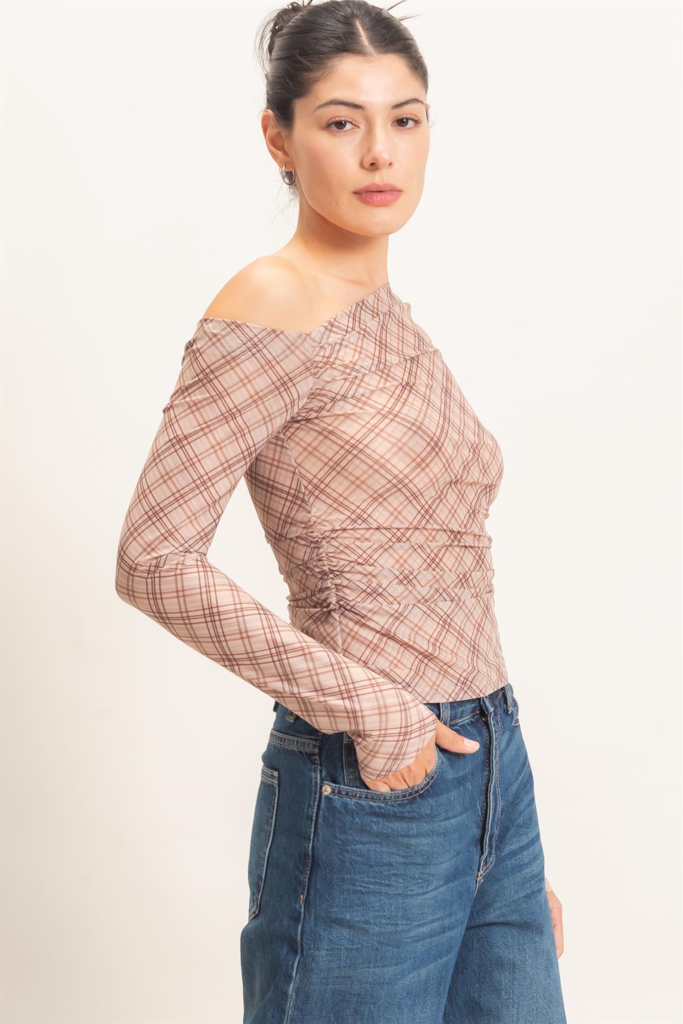 Wholesale Asymmetrical Plaid Off Shoulder Top Dresses HF26E710 BEIGE HYFVE